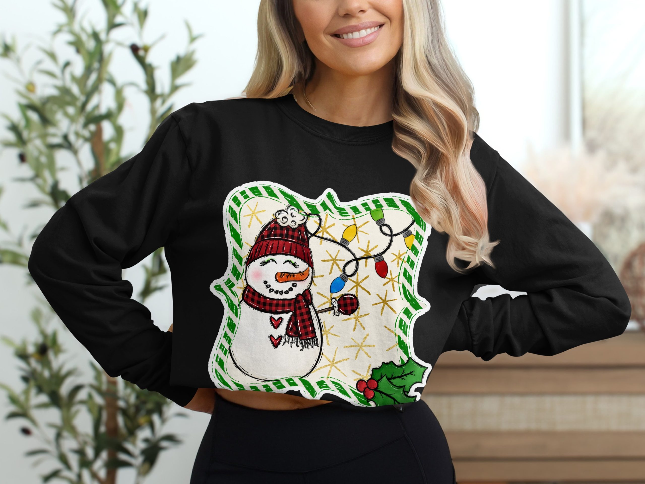Cute Snowman Long Sleeve T-Shirt, Christmas Lights Shirt, Winter Holiday Top, Festive Apparel, Holiday Gift Idea - Image 2