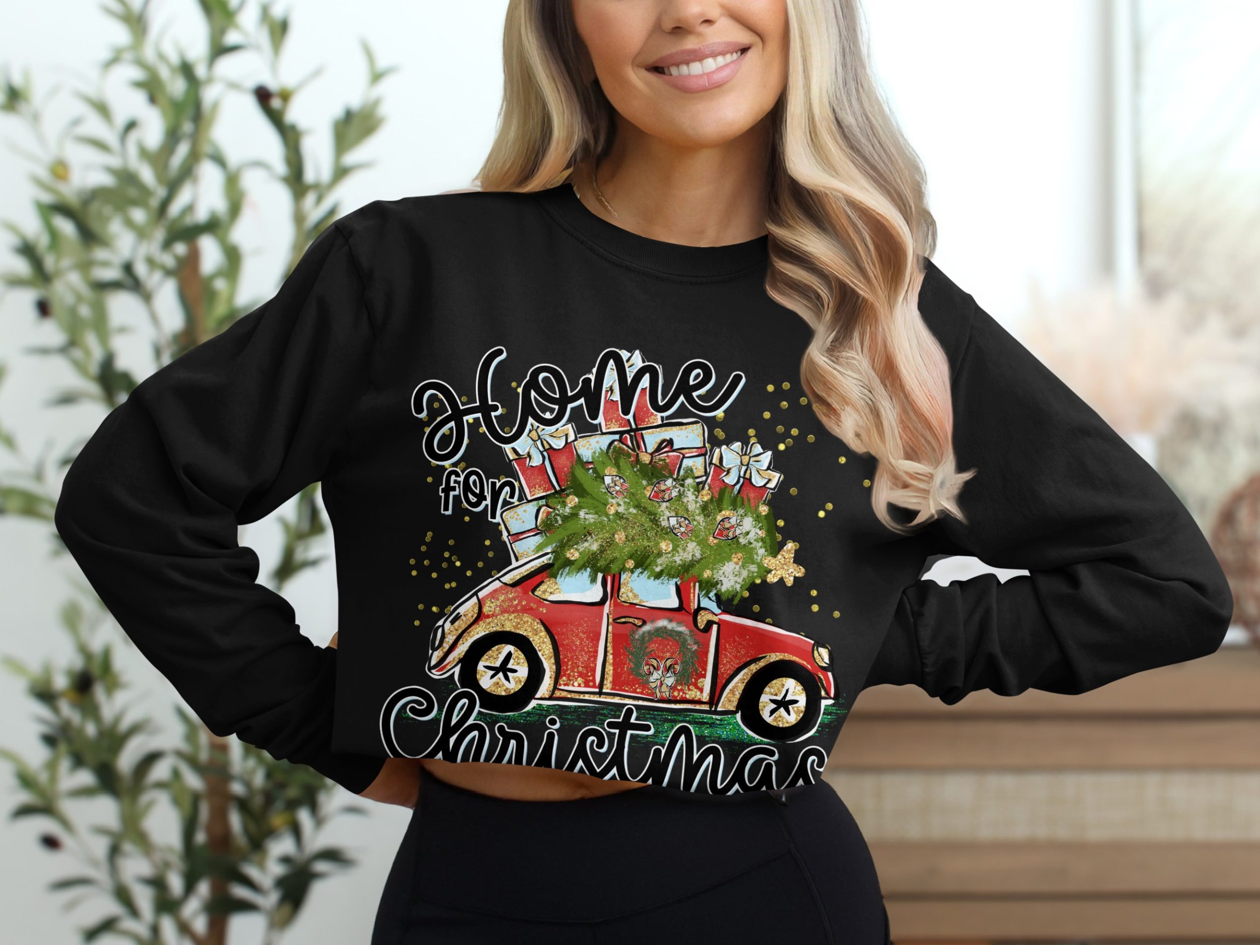 Home for Christmas Long Sleeve T-Shirt, Holiday Car with Tree, Christmas Gifts, Festive Holiday Apparel, Christmas Long Sleeve Tee - Image 2