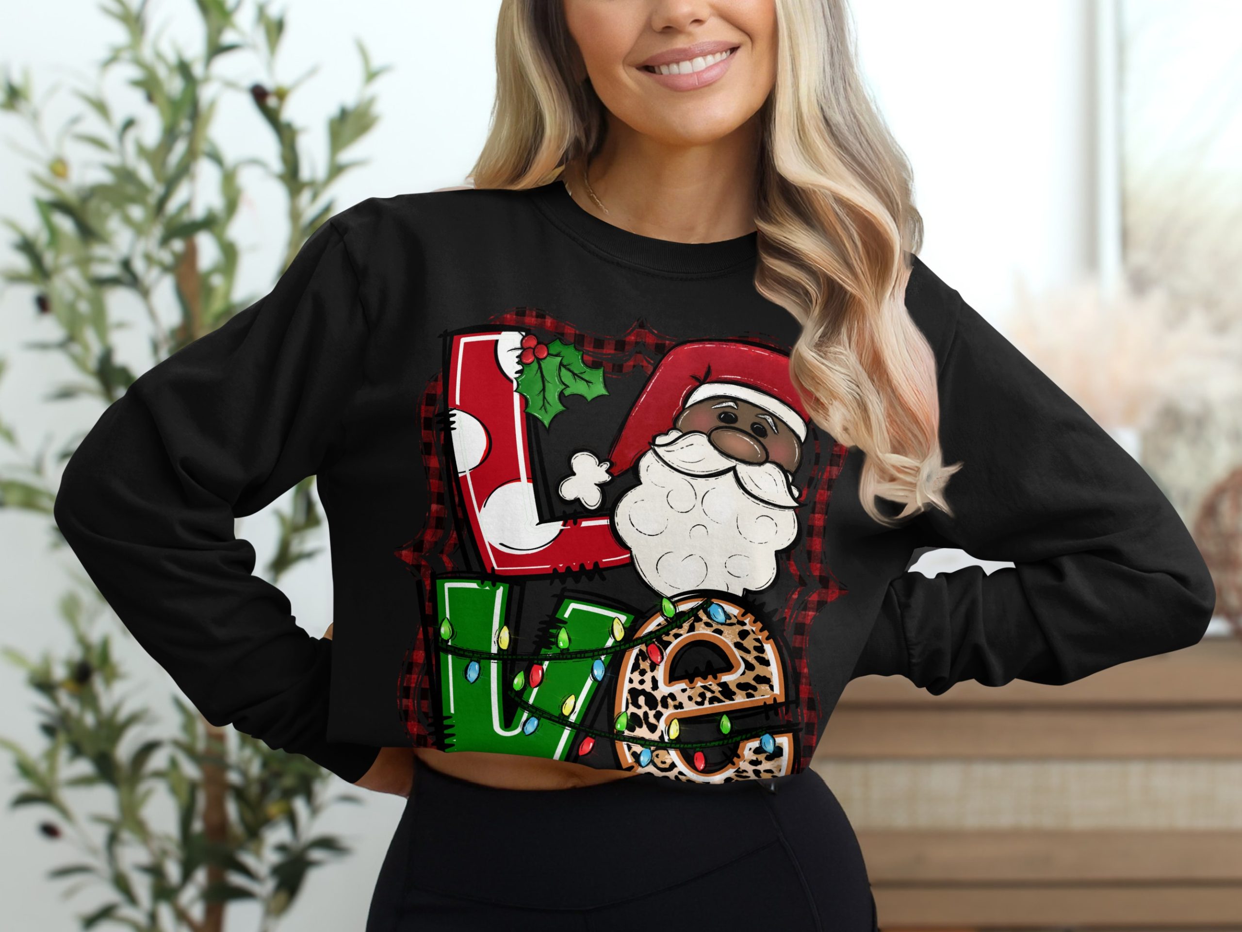 African American Santa Love Long Sleeve T-Shirt, Christmas Lights Tee, Festive Holiday Shirt, Black Santa Shirt, Holiday Season Gift - Image 2