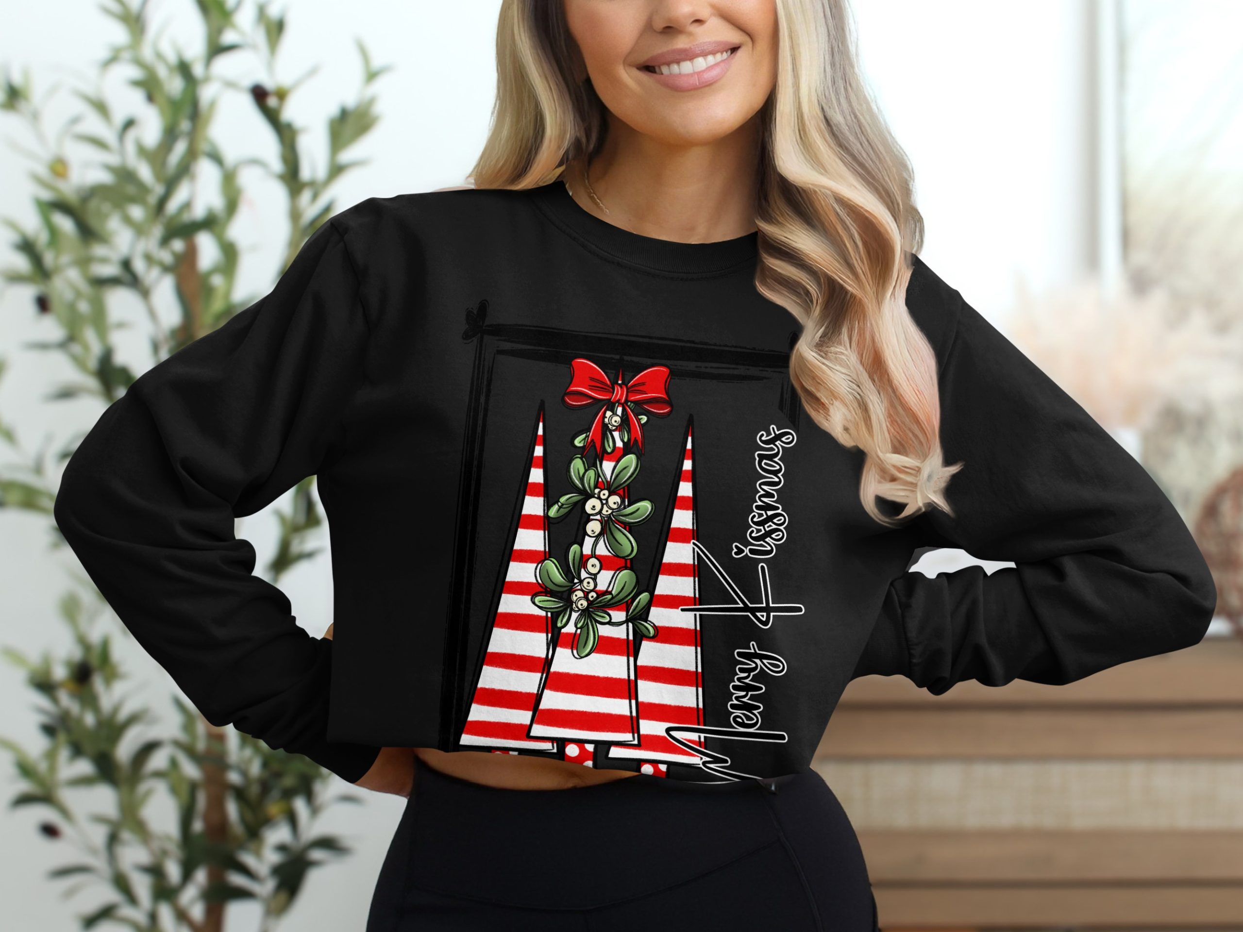 Merry Christmas Trees Long Sleeve T-Shirt, Holiday Season Tee, Red White Striped Trees, Bow Mistletoe, Festive Apparel, Winter Shirt - Image 2