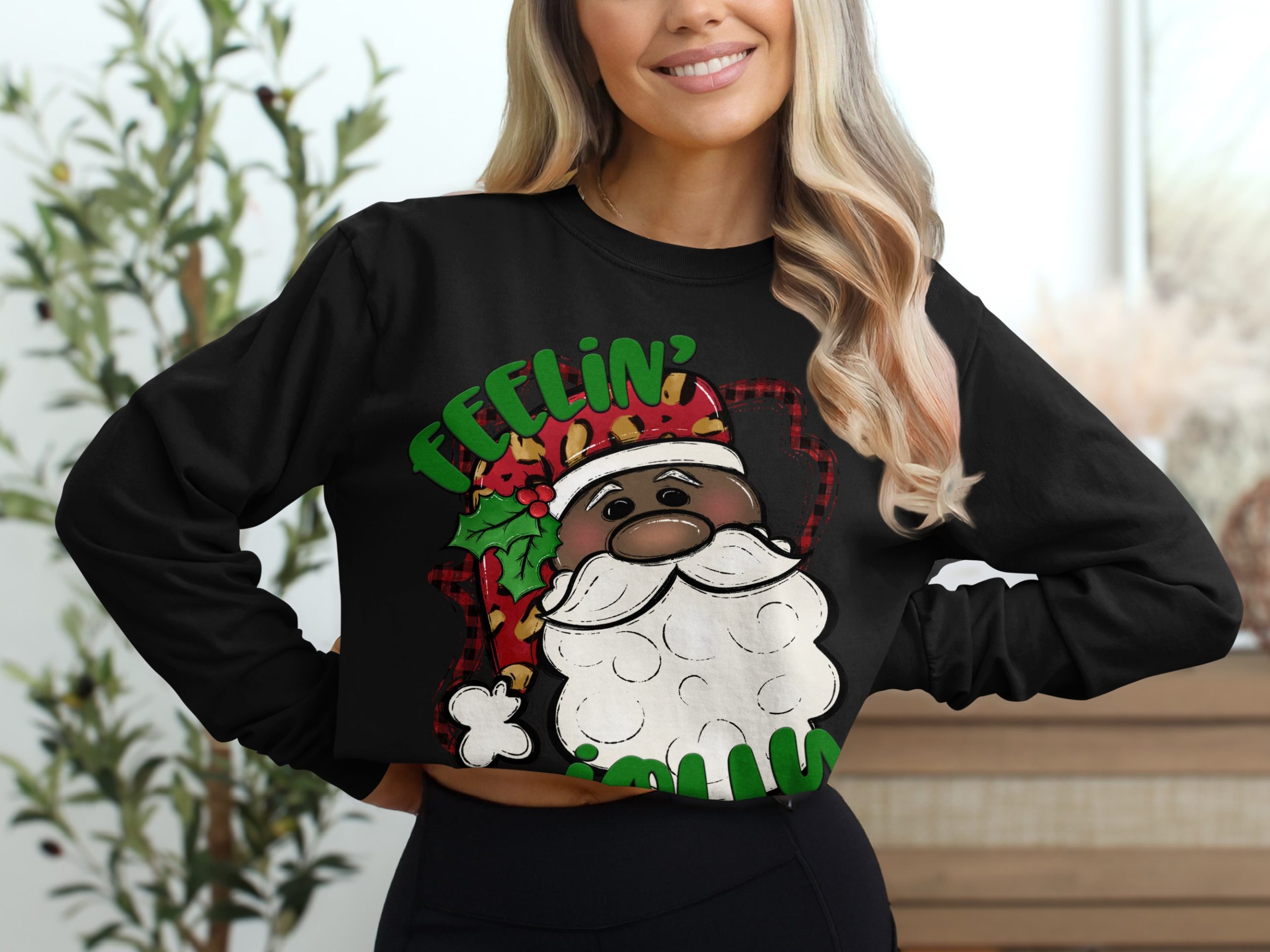 Feelin' Jolly Santa Long Sleeve T-Shirt, African American Santa, Leopard Print Hat, Holiday Shirt, Christmas Gift Idea, Festive Apparel - Image 2