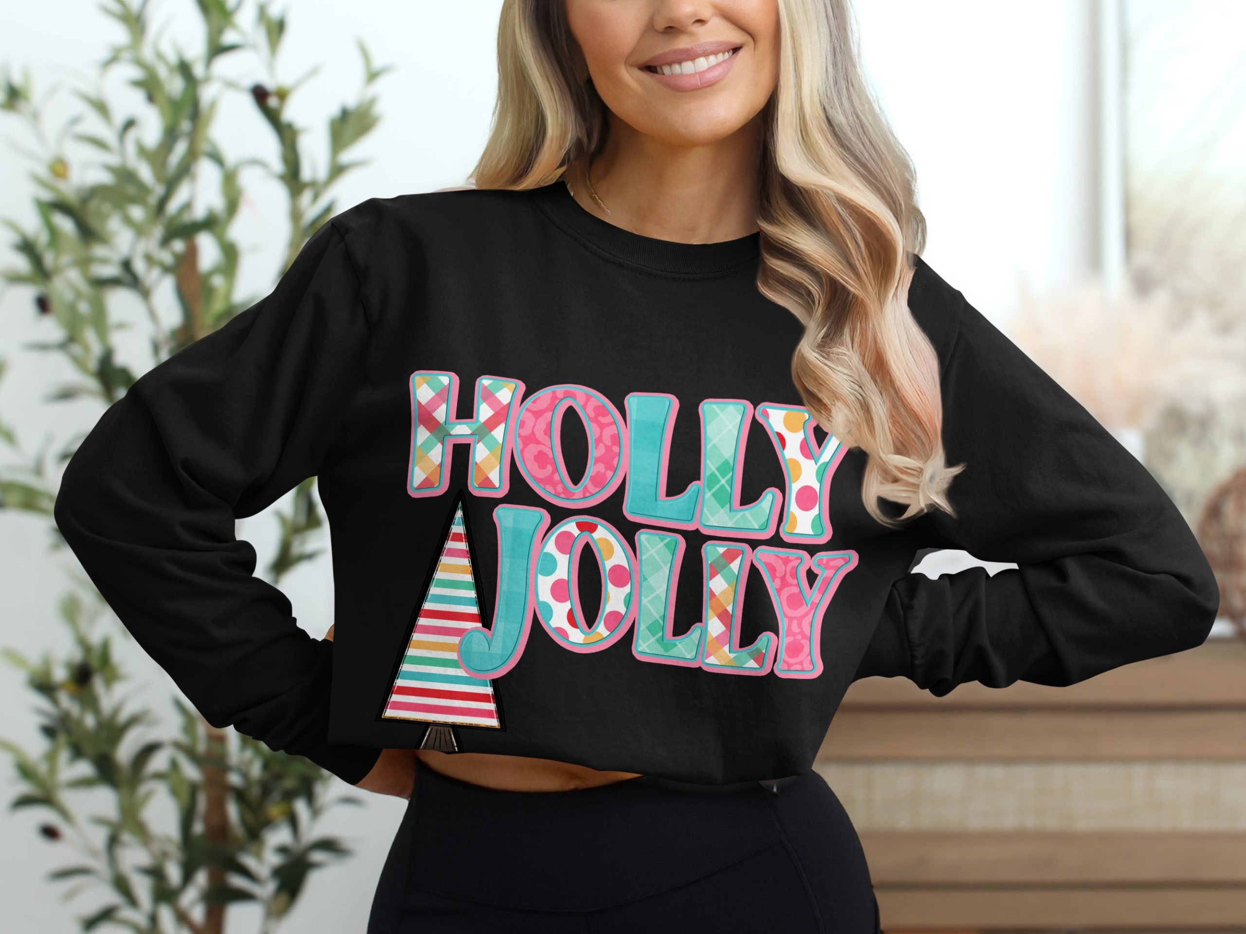 Holly Jolly Long Sleeve T-Shirt, Colorful Christmas Tee, Holiday Season Top, Festive Winter Apparel, Cute Tree Design, Gift Idea - Image 2