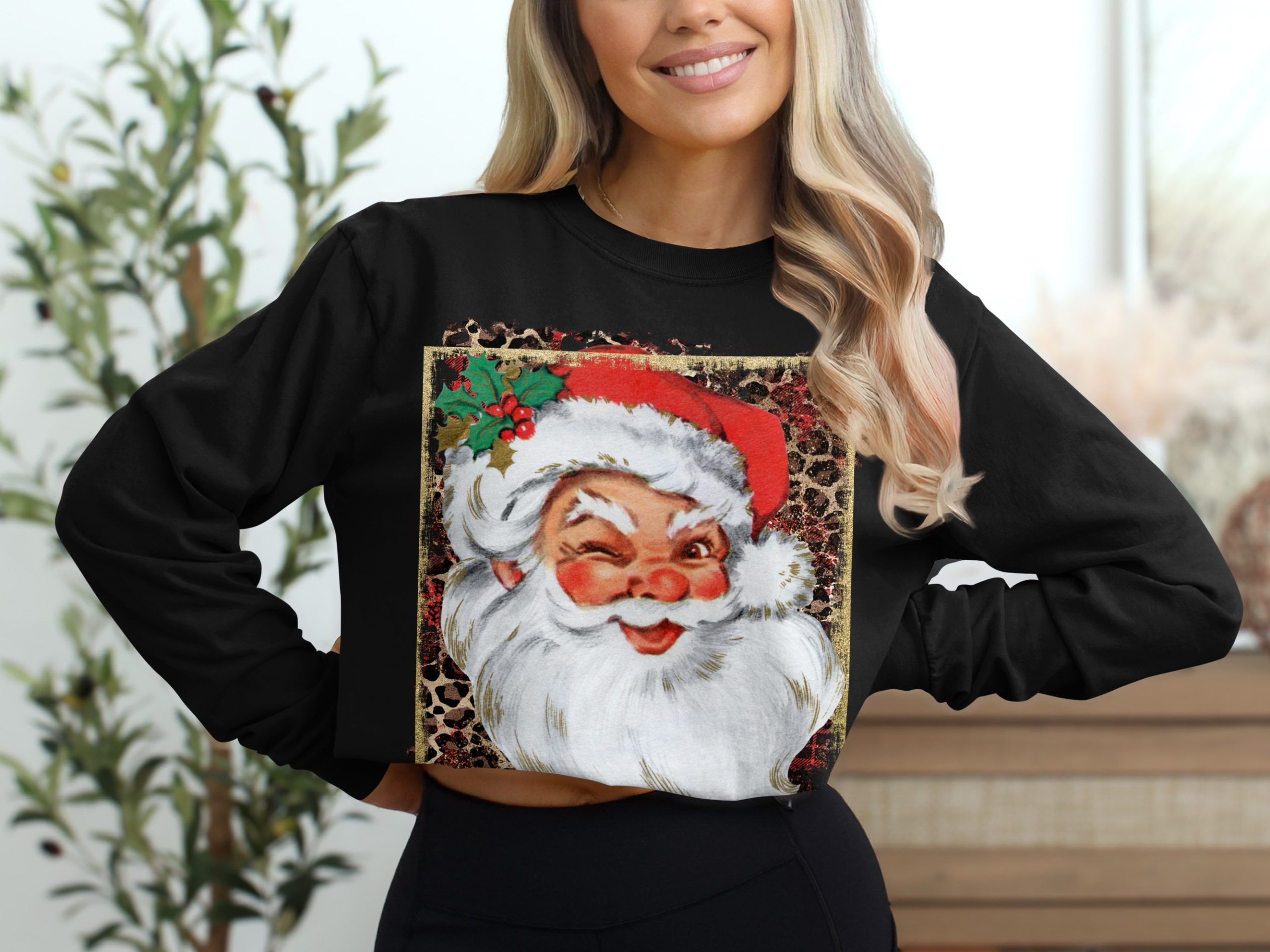 Winking Santa Long Sleeve T-Shirt, Retro Santa Shirt, Christmas Long Sleeve T Shirt, Leopard Print Holiday Apparel, Festive Winter Top - Image 2