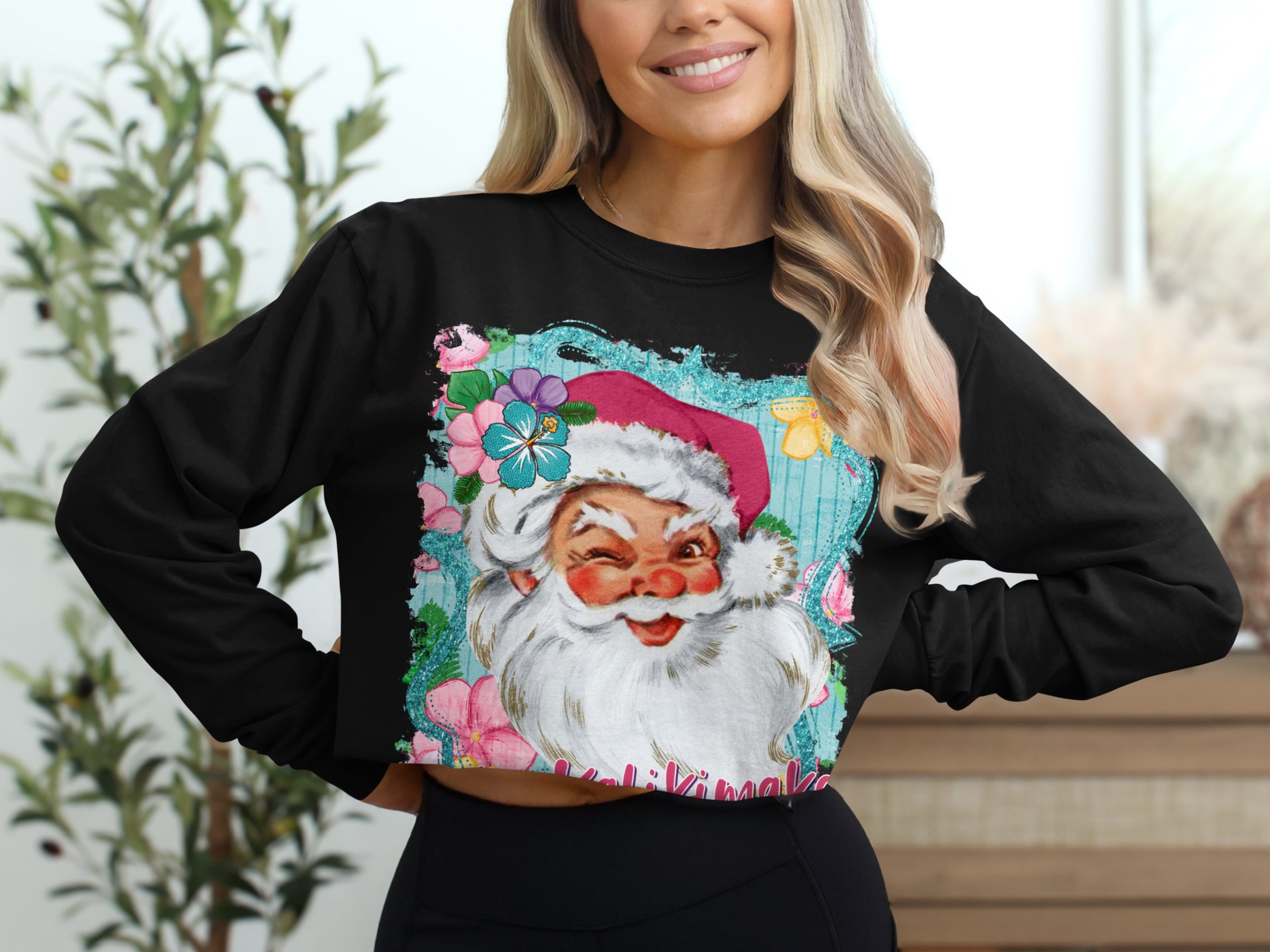 Mele Kalikimaka Long Sleeve T-Shirt, Hawaiian Santa Shirt, Tropical Christmas Gift, Winking Santa Tee, Holiday Long Sleeve Tee - Image 2