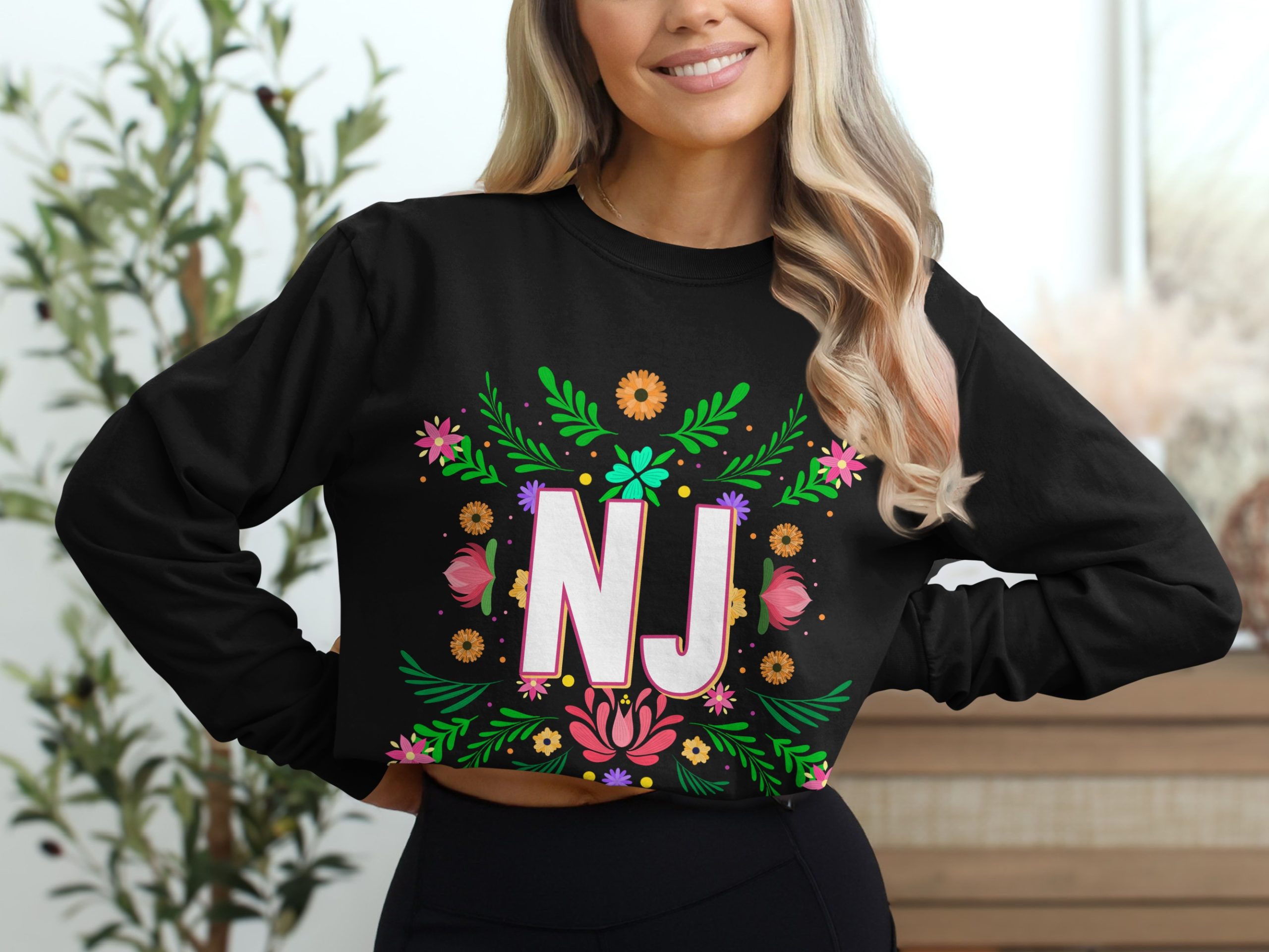 NJ Floral Long Sleeve T-Shirt, New Jersey Pride, Flower Power Shirt, State Initials Tee, Botanical Design, Colorful Graphic Long Sleeve Tee - Image 2