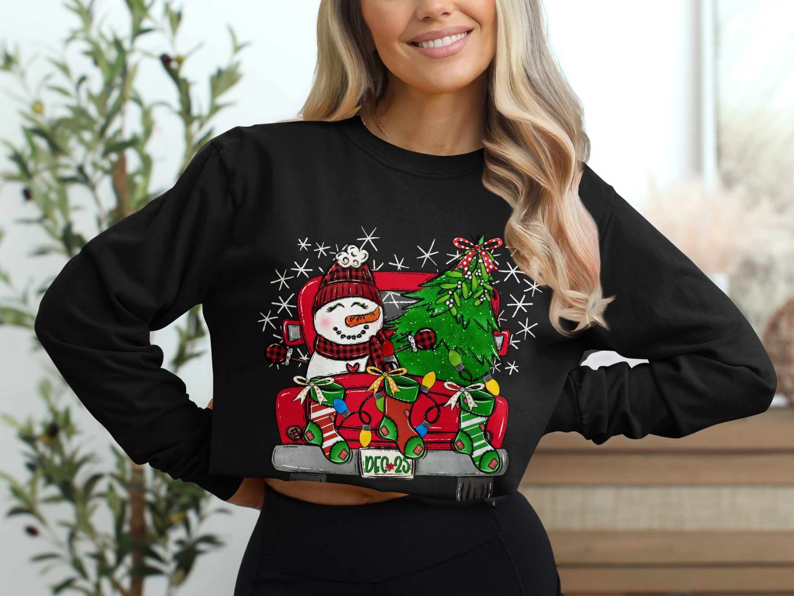 Cute Christmas Truck Long Sleeve T-Shirt, Snowman Tee, Holiday Season Apparel, December 25th Shirt, Festive Winter Clothes - Image 2