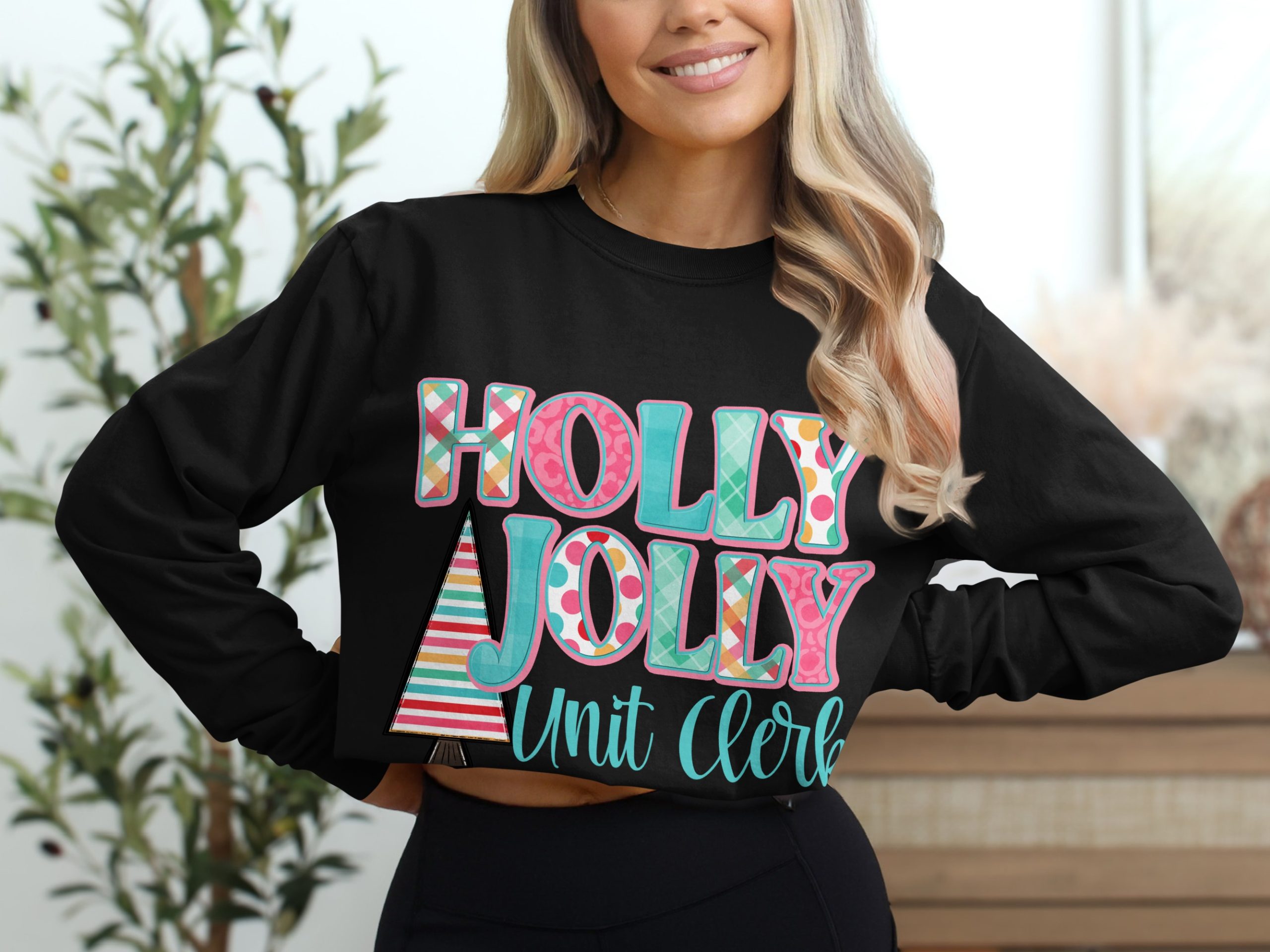 Holly Jolly Unit Clerk Long Sleeve T-Shirt, Christmas Tree Tee, Holiday Season Apparel, Gift for Unit Clerk, Festive Christmas Shirt - Image 2
