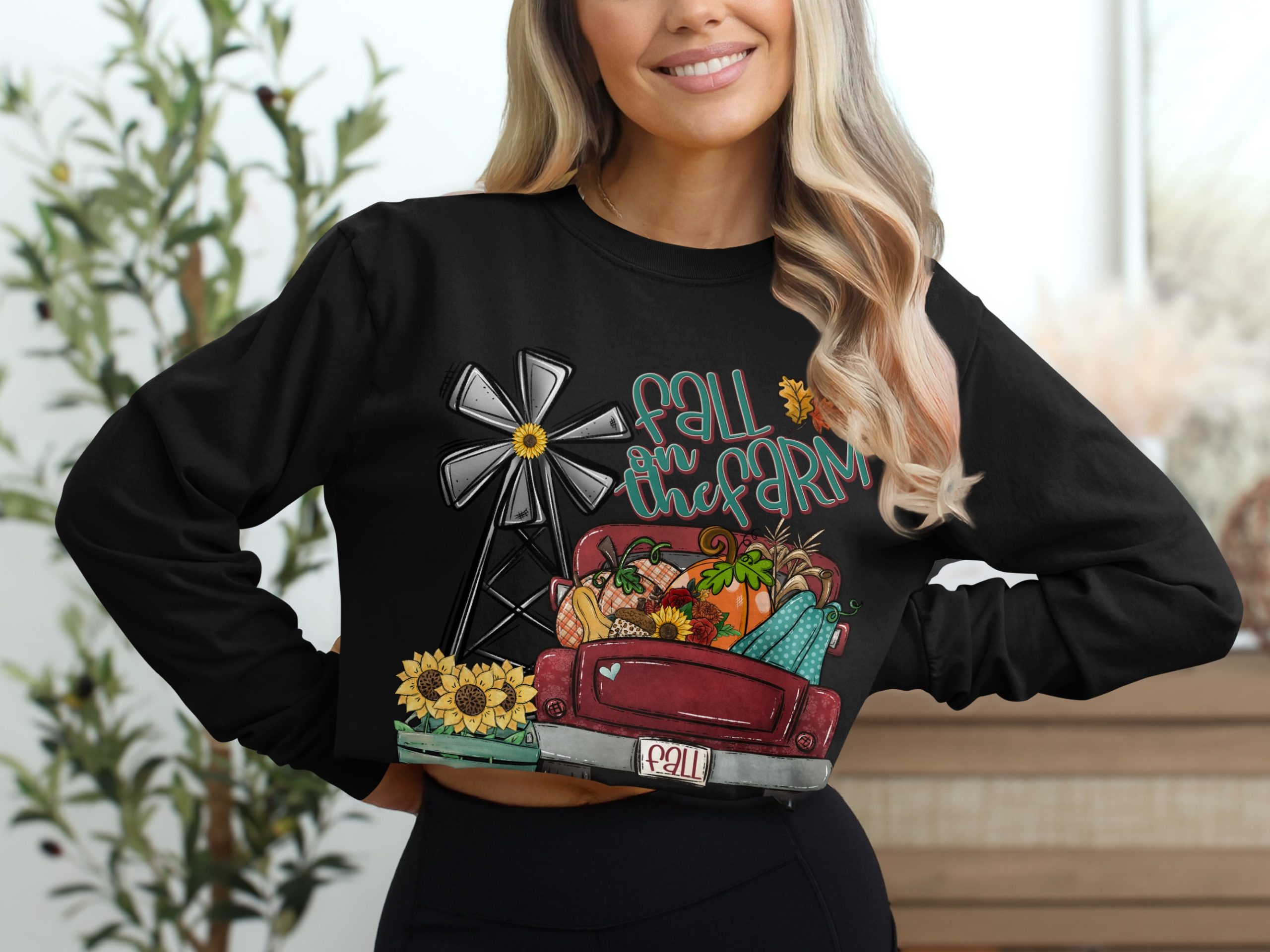 Fall On The Farm Long Sleeve T-Shirt, Autumn Truck, Pumpkins, Windmill Tee, Thanksgiving Shirt, Farmhouse Shirt, Fall Shirt - Image 2