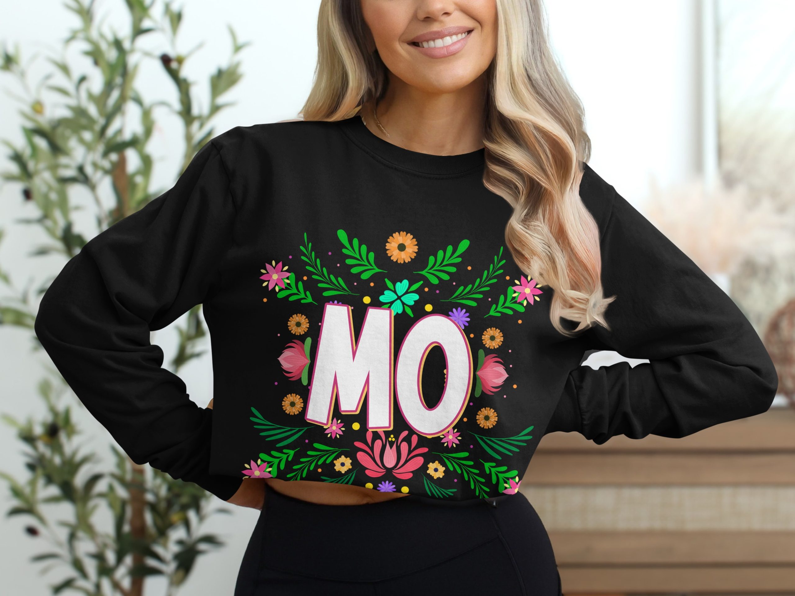 Floral MO Long Sleeve T-Shirt, Initial T Shirt, Colorful Flower Shirt, Custom Name Shirt, Botanical Shirt, Personalized Long Sleeve Tee - Image 2
