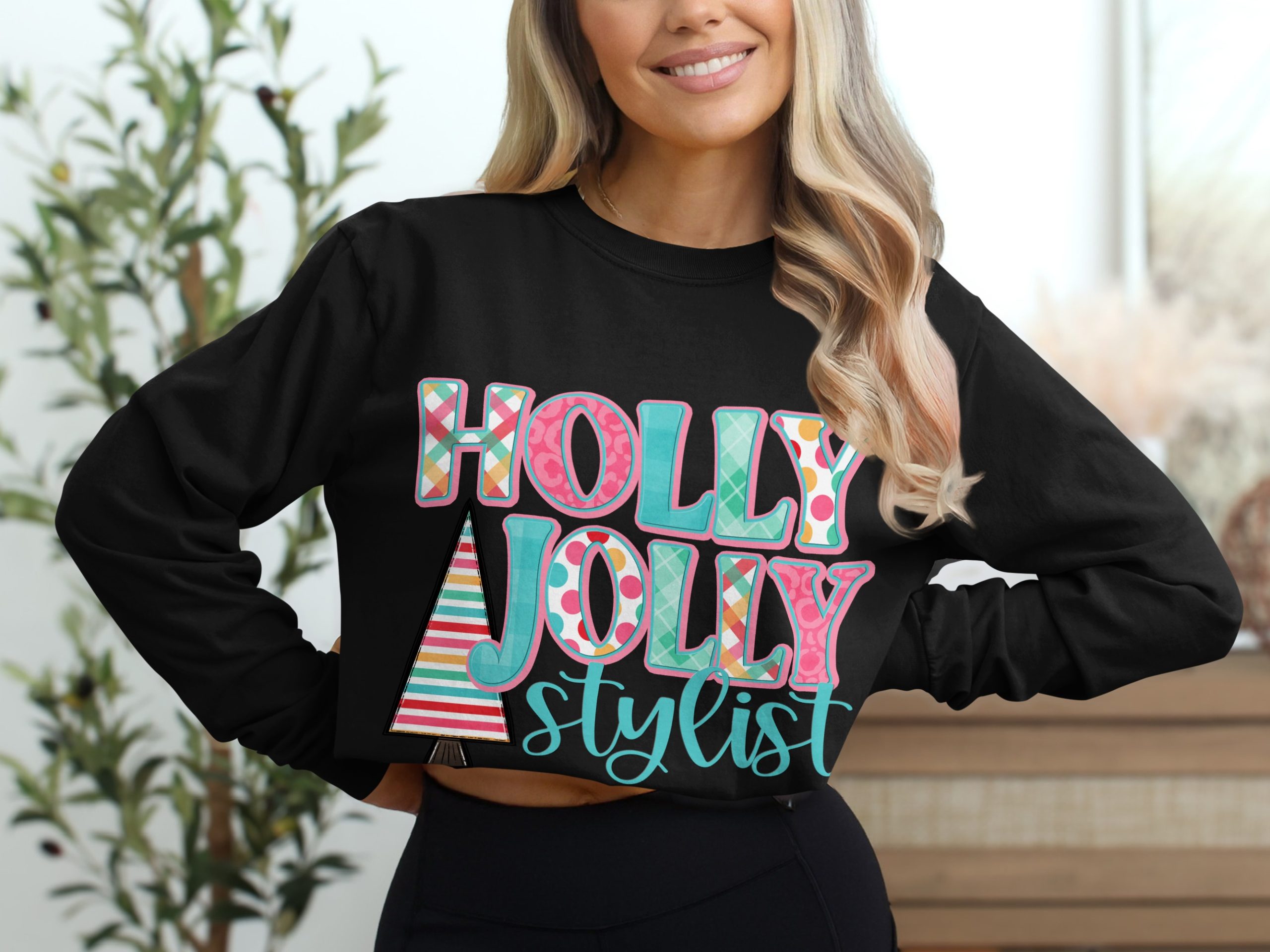 Holly Jolly Stylist Long Sleeve T-Shirt, Christmas Tree, Holiday Graphic Tee, Cute Winter Top, Festive Apparel, Gift for Stylist - Image 2