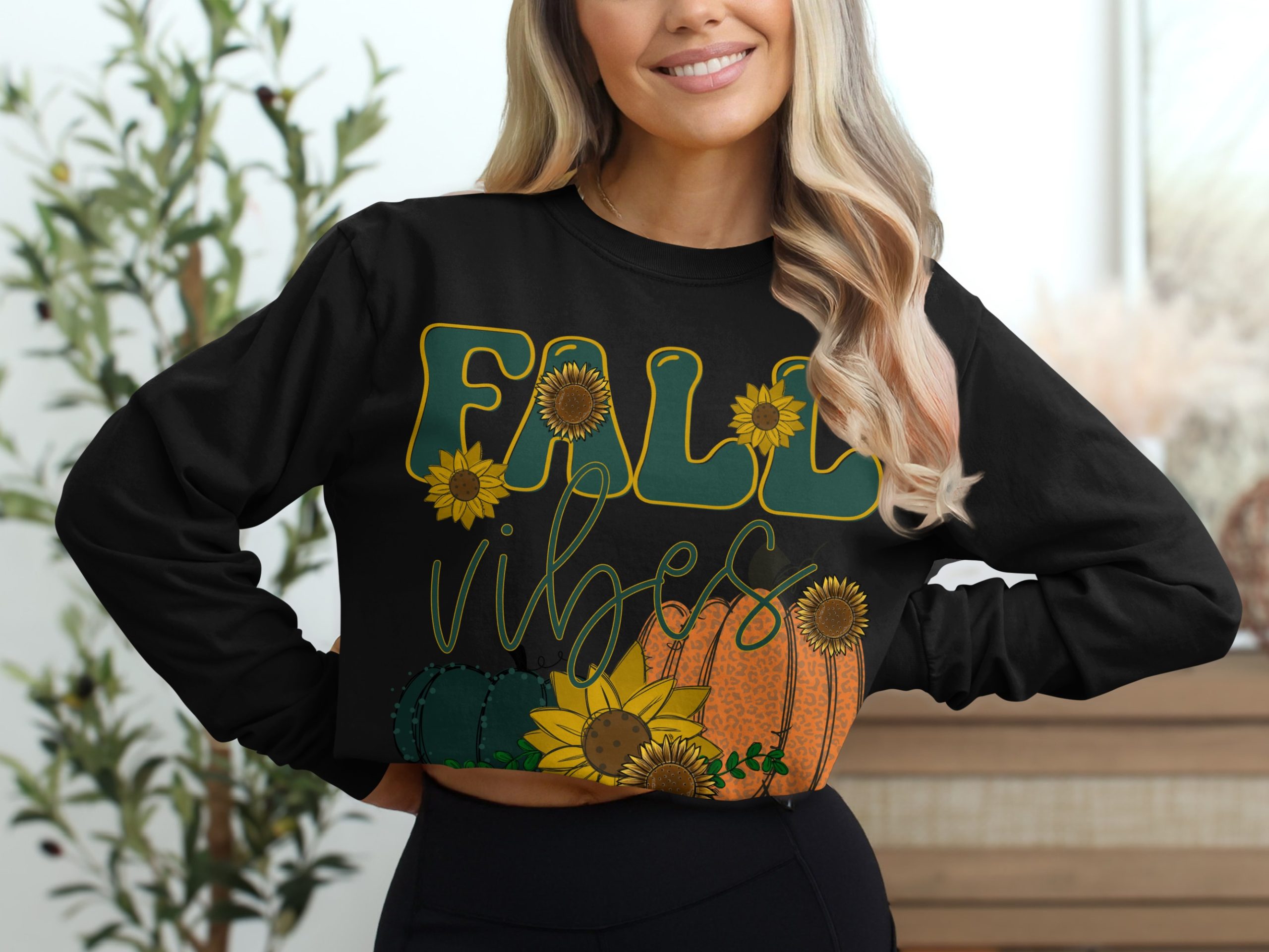 Fall Vibes Long Sleeve T-Shirt, Pumpkin and Sunflower Tee, Autumn Apparel, Seasonal Fashion, Trendy Graphic Top, Thanksgiving Shirt - Image 2