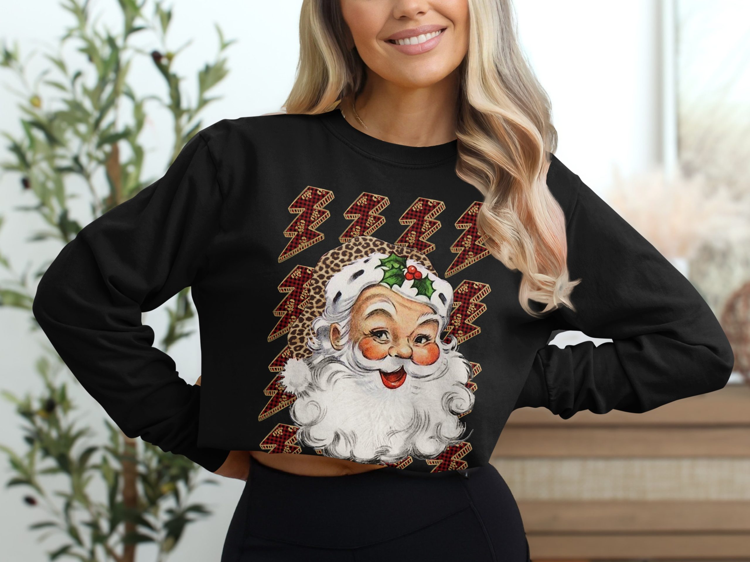 Leopard Santa Long Sleeve T-Shirt, Christmas Lightning Bolt Tee, Unique Santa Design, Holiday Apparel, Trendy Long Sleeve Shirt - Image 2
