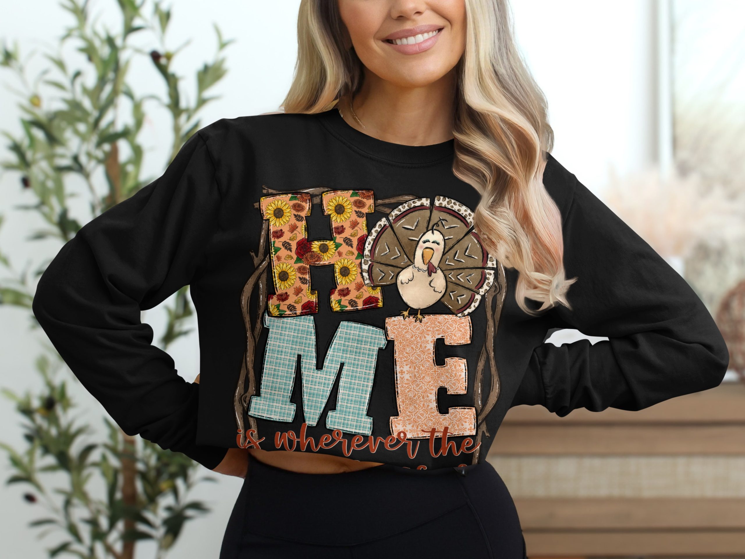 Home Blessings Turkey Long Sleeve T-Shirt, Thanksgiving Shirt, Fall Apparel, Autumn Clothing, Family Gift, Holiday Season, Trendy Long - Image 2