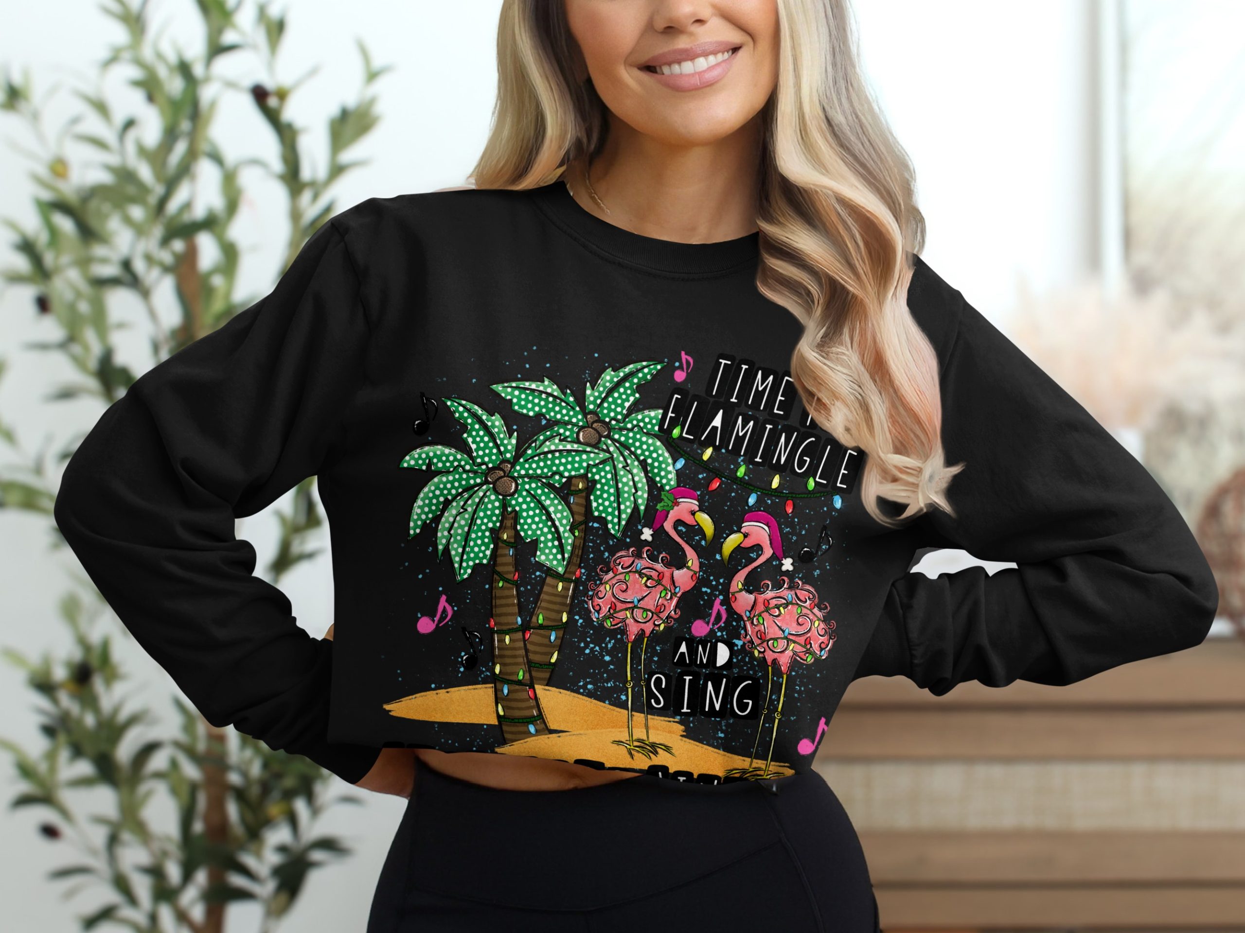 Christmas Flamingo Long Sleeve T-Shirt, Time to Flamingle Holiday Tee, Tropical Christmas, Festive Bird Shirt, Winter Vacation Apparel - Image 2