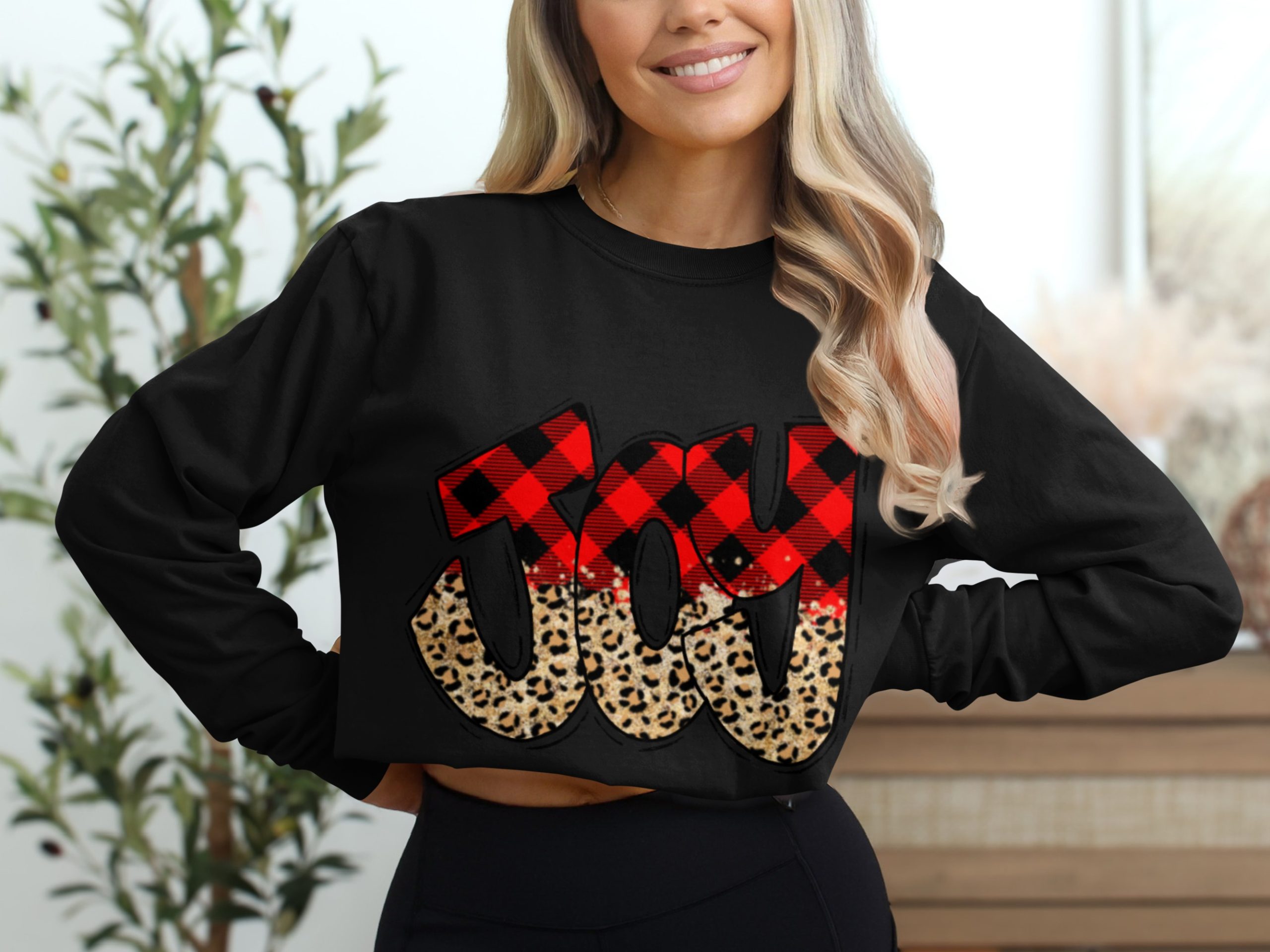Joy Long Sleeve T-Shirt, Buffalo Plaid, Leopard Print, Festive Shirt, Holiday Long Sleeve Tee, Trendy Graphic Tee, Winter Shirt - Image 2