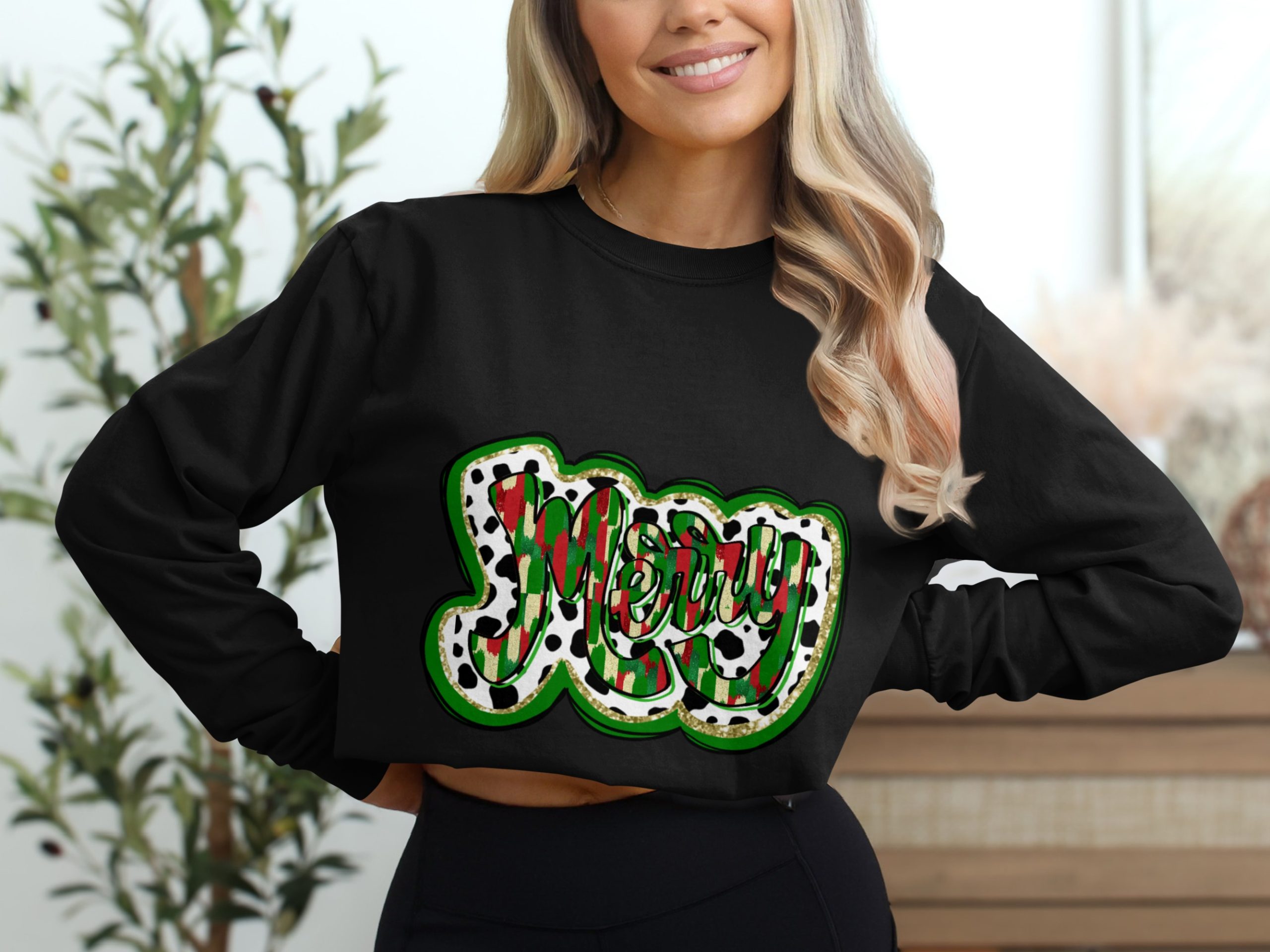 Merry Christmas Long Sleeve T-Shirt, Cow Print Shirt, Holiday Shirt, Festive Apparel, Christmas Gift, Winter Outfit, Unique Design - Image 2