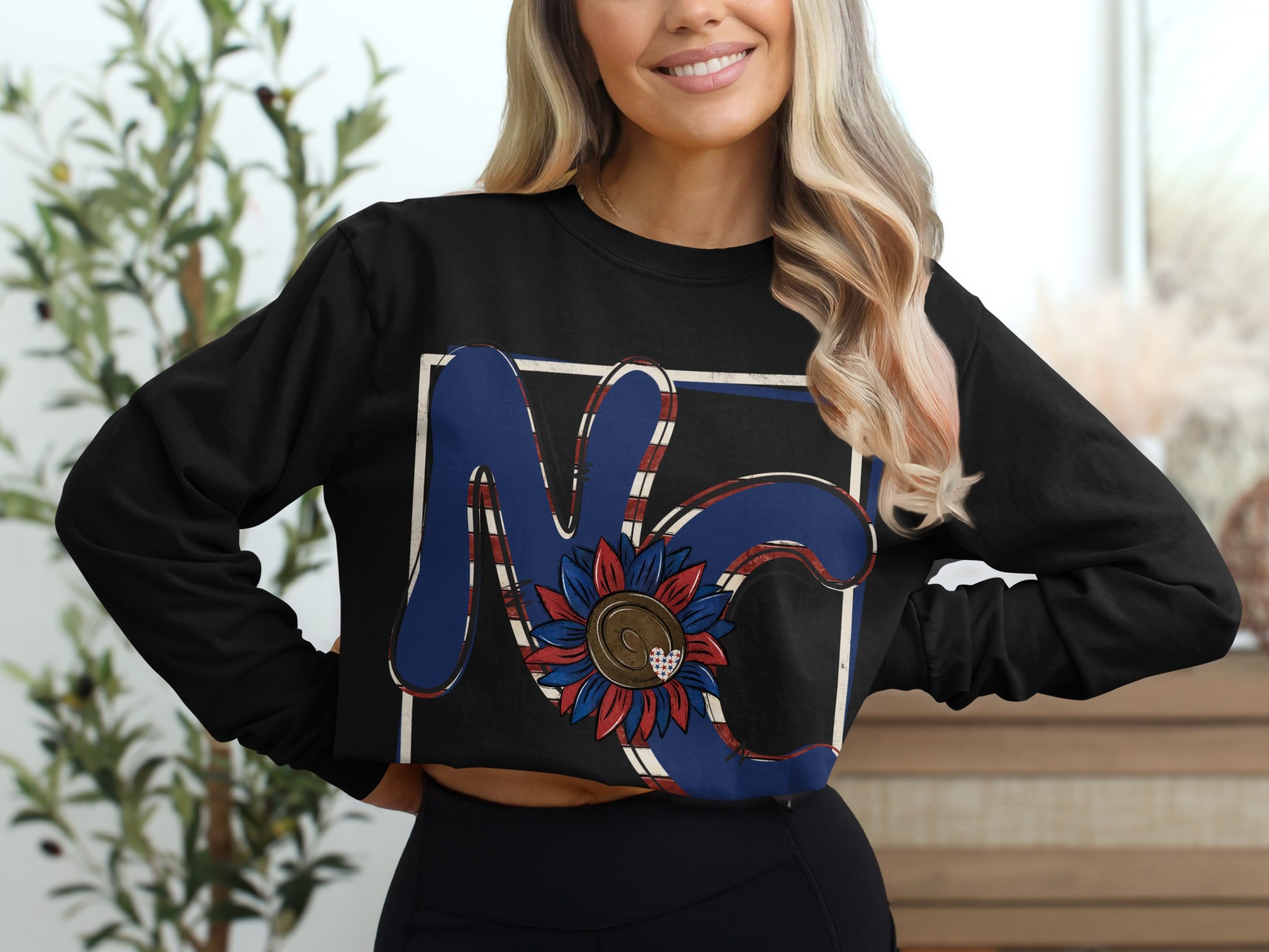 NC Patriotic Sunflower Long Sleeve T-Shirt, USA Pride, Americana Style, State Pride, Red White Blue Tee, Floral Design, Gift Idea - Image 2