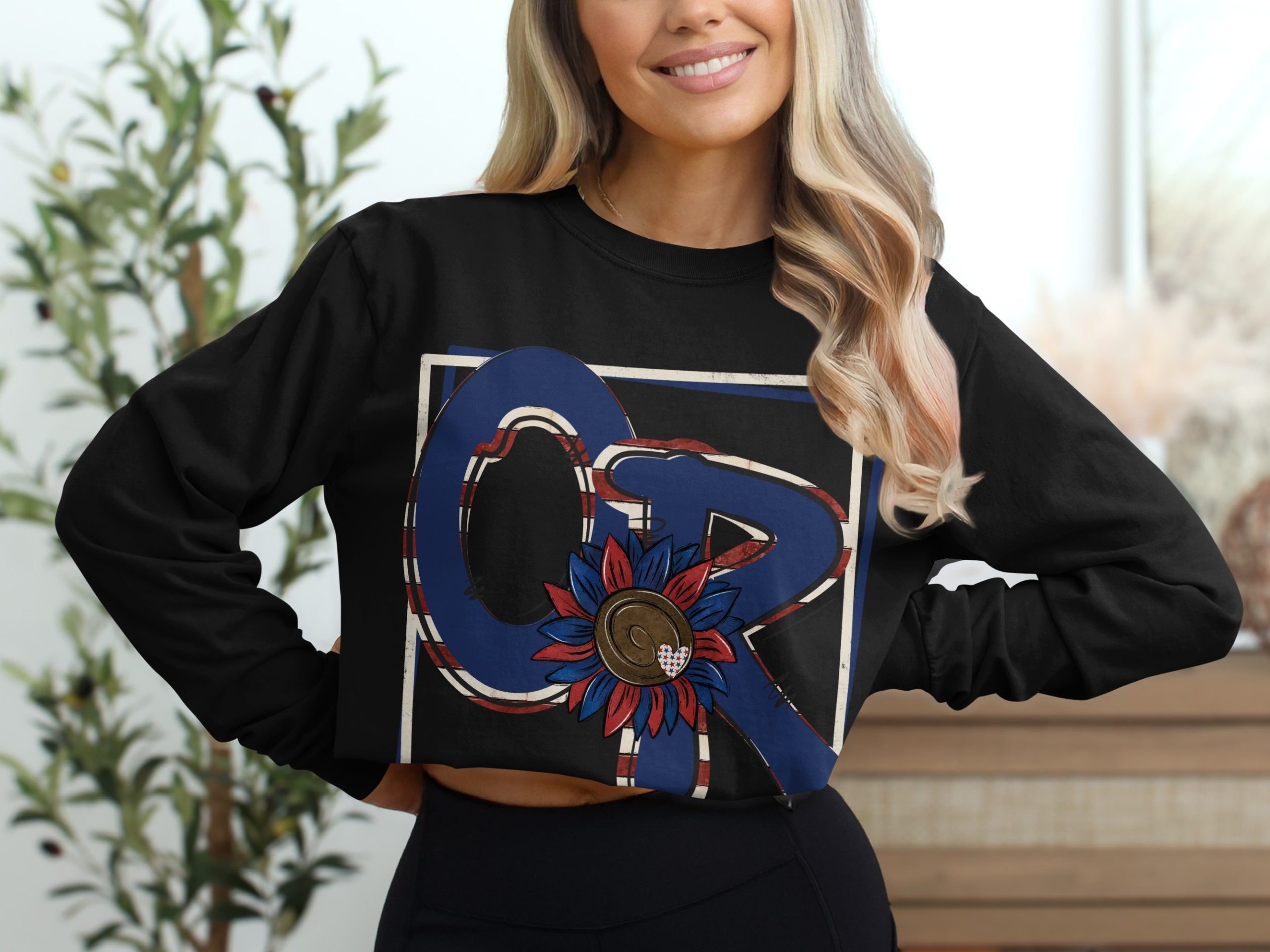 Patriotic Initial CR Long Sleeve T-Shirt, American Flower Graphic Tee, USA Pride Shirt, Personalized Name Shirt, Initial Shirt - Image 2