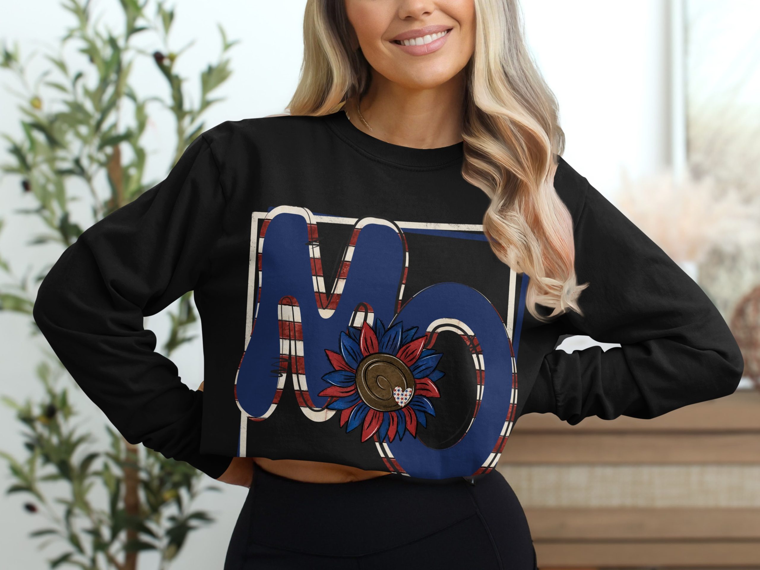 NO Sunflower Patriotic Long Sleeve T-Shirt, American Flag Inspired Tee, Red White and Blue Shirt, USA Pride Shirt, Cute Patriotic Top - Image 2
