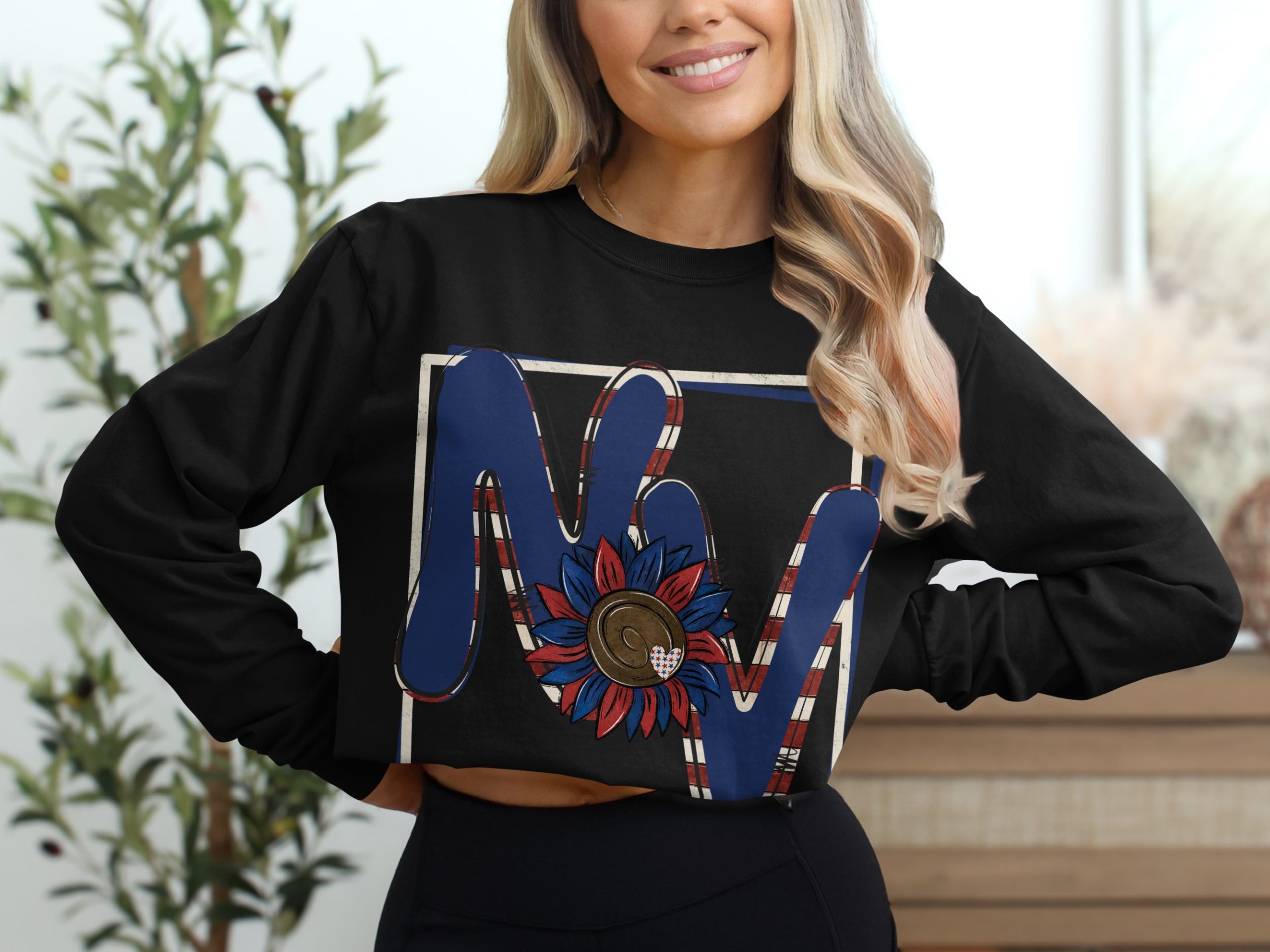 NV Patriotic Sunflower Long Sleeve T-Shirt, USA Pride Tee, American Flag Initial Shirt, Floral Letter Graphic Top, Trendy Fall Apparel - Image 2