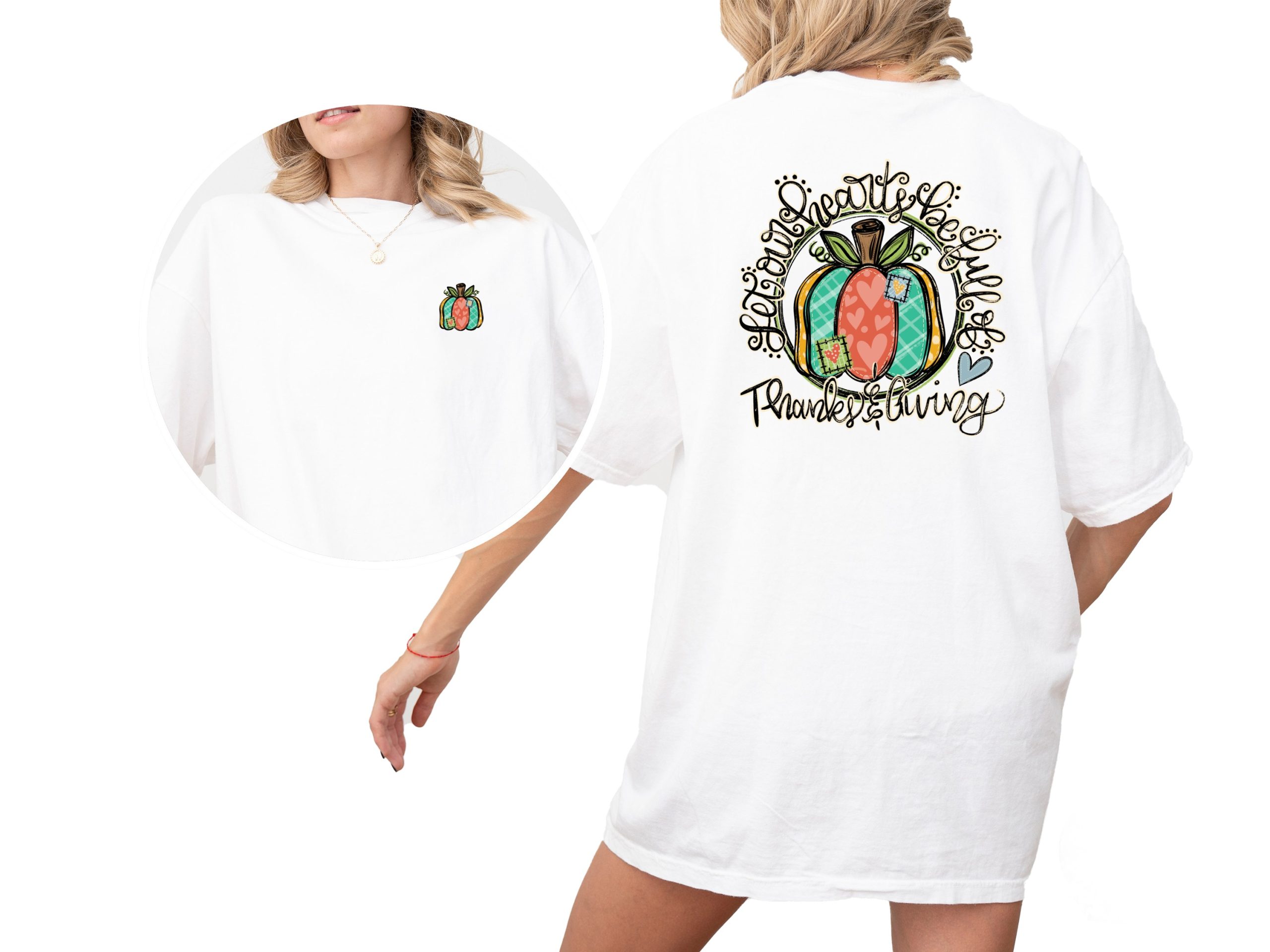 Thanksgiving Pumpkin T-Shirt, Hearts Be Fully Thankful, Fall Season Apparel, Autumn Harvest Tee, Cute Patchwork Design, Seasonal Clothing