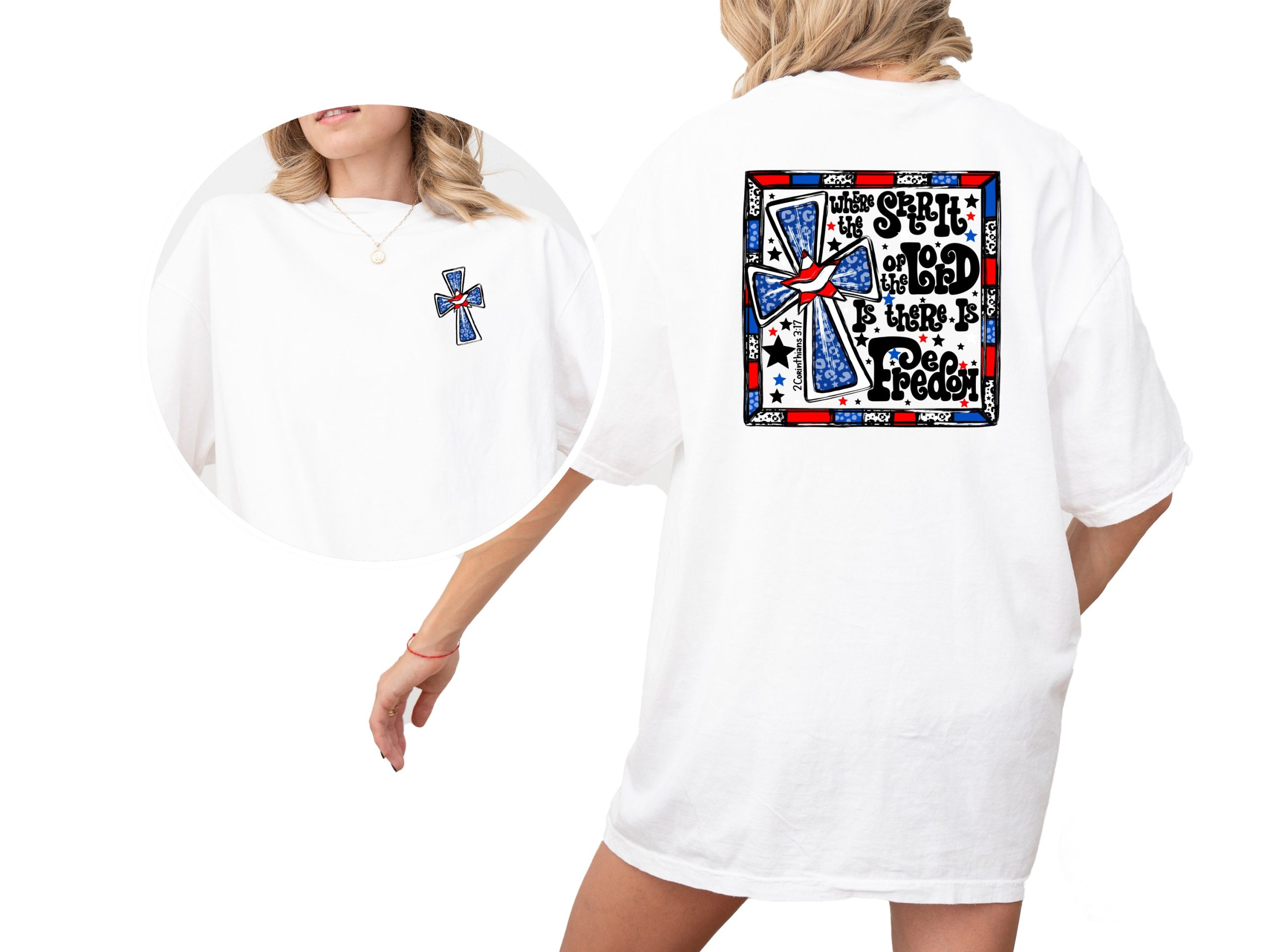 Freedom T-Shirt, Christian Apparel, Patriotic Tee, Religious Shirt, 2 Corinthians 3 17 Verse, Dove and Cross Gift, Spiritual Clothing