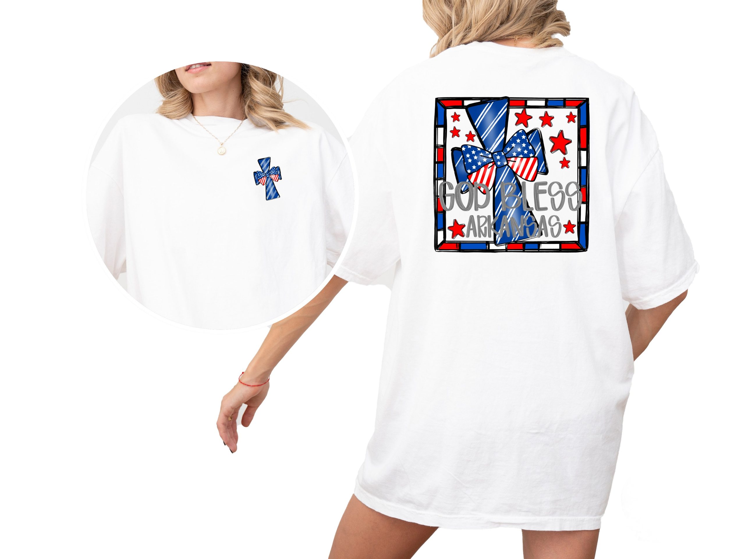 God Bless Arkansas T-Shirt, Patriotic Tee, USA Pride Shirt, American Flag Bow, Red White Blue, Arkansas State Pride, Gift Idea