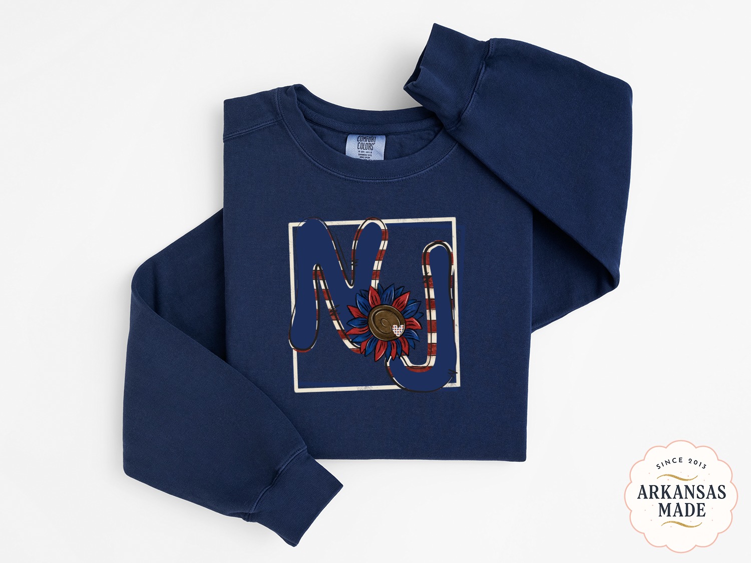 Patriotic NJ Sweatshirt, USA Flag Letters, Sunflower Heart, New Jersey Pride, Red White Blue, 4th July Outfit, American Gift Idea