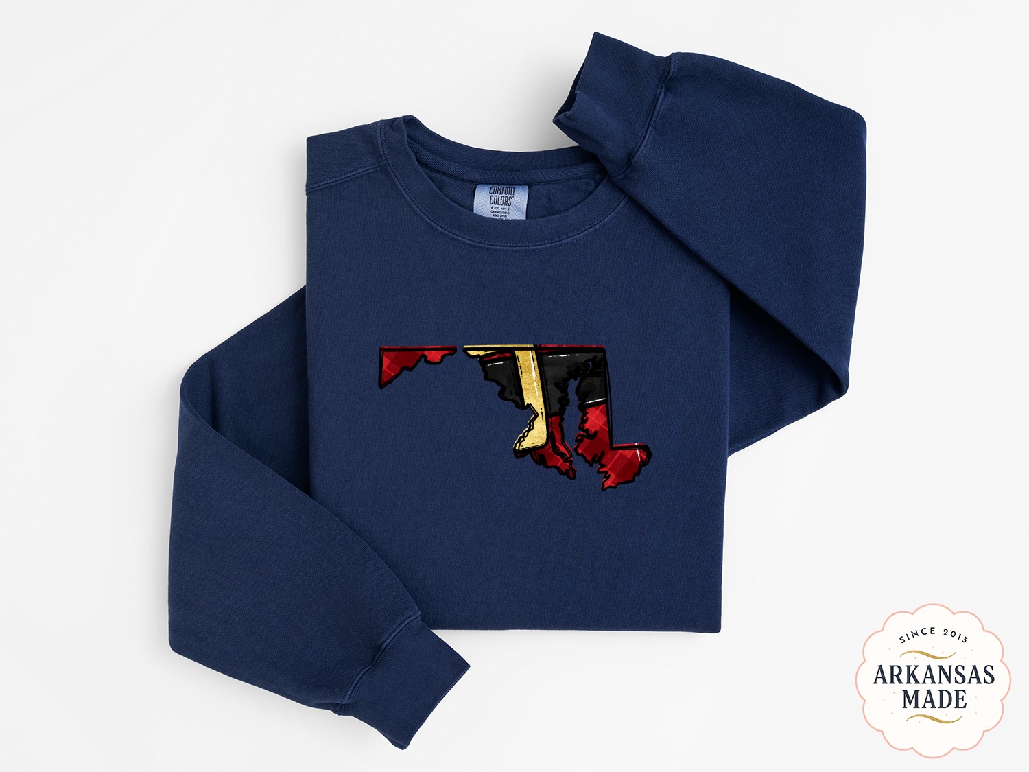 Maryland State Pride Sweatshirt, Red Plaid and Gold Design, Maryland Map Graphic Apparel, Gift for Marylander, Stylish Maryland Sweatshirt