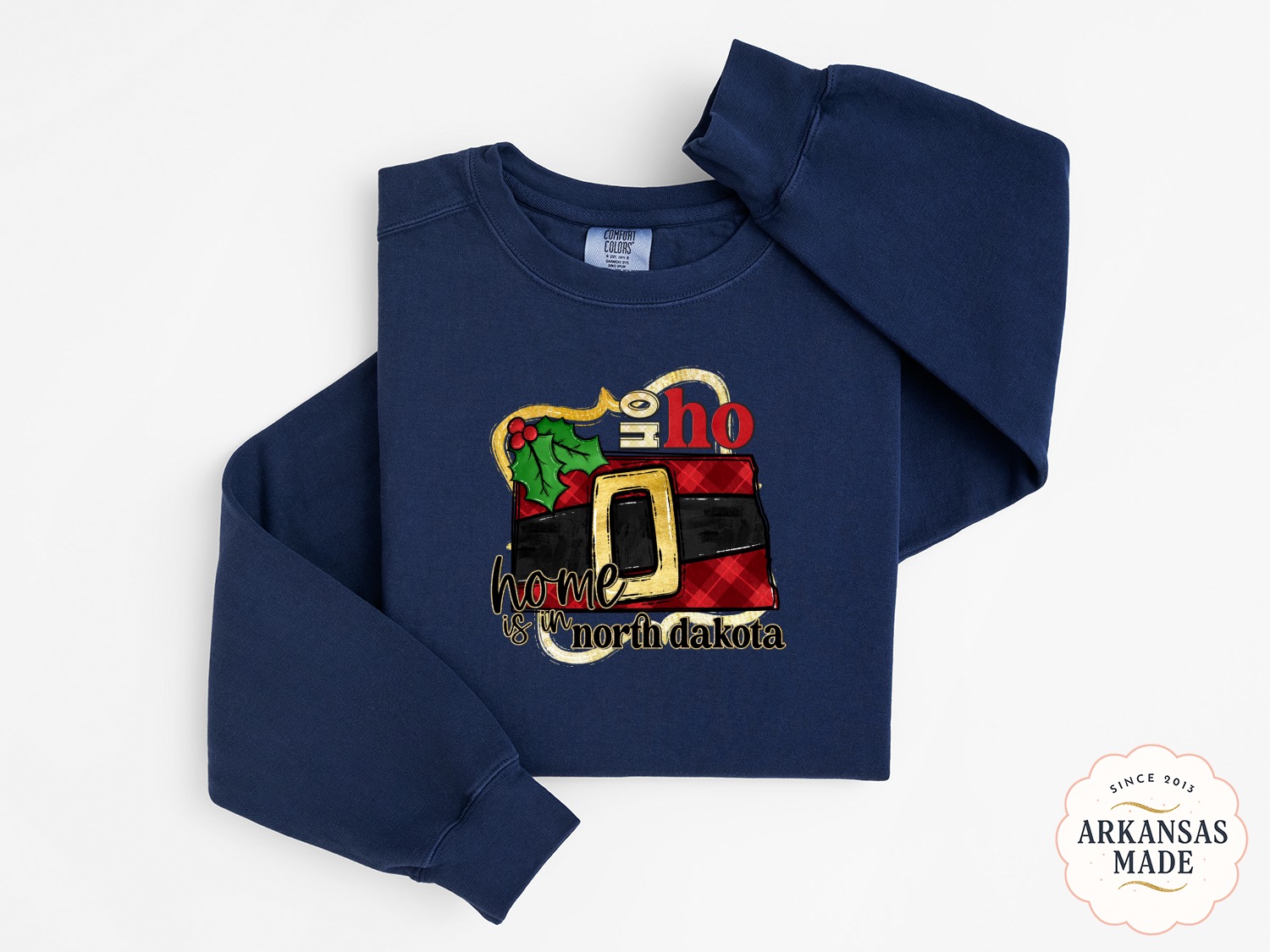 North Dakota Christmas Sweatshirt, Ho Ho Home State Pride, Plaid Santa Belt Apparel, ND Holiday Sweatshirt, Dakota Xmas Gift