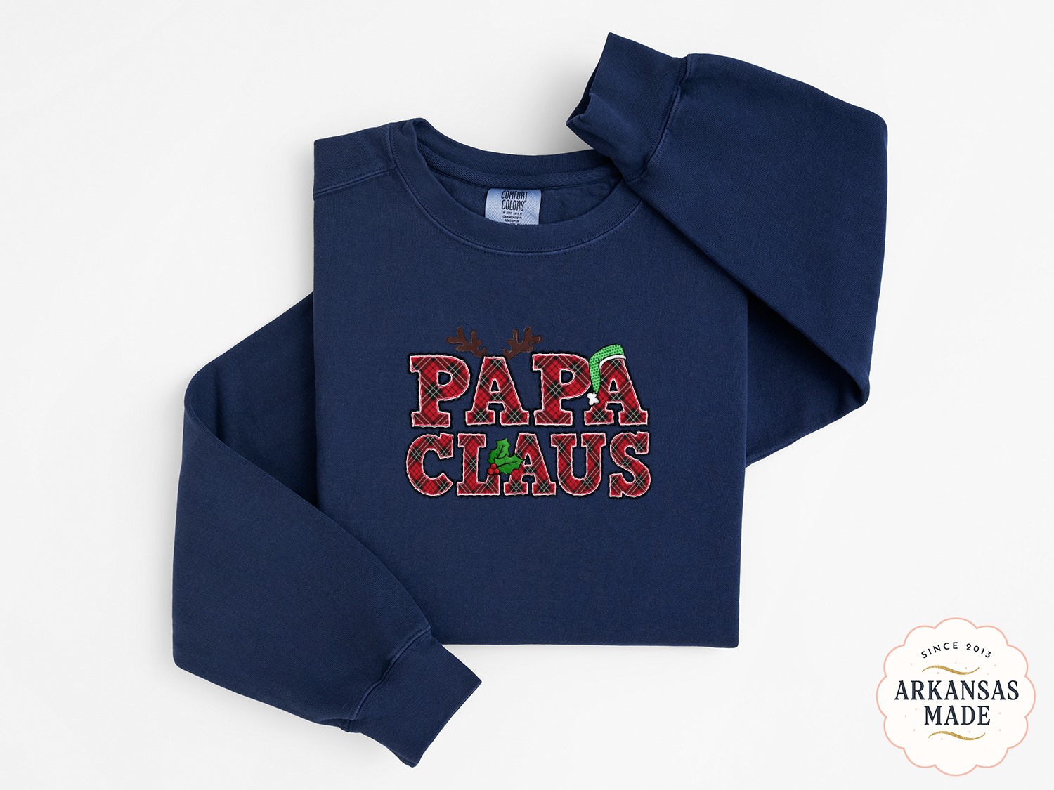 Papa Claus Sweatshirt, Christmas Sweatshirt, Plaid Holiday Sweatshirt, Christmas Gift, Reindeer Antlers, Santa Hat, Holiday Apparel