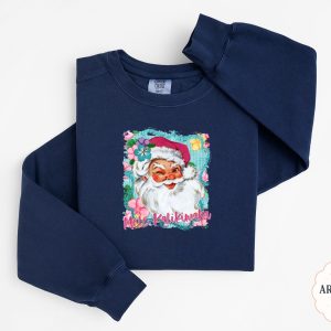 Mele Kalikimaka Sweatshirt, Winking Santa Sweatshirt, Hawaiian Christmas Sweatshirt, Santa with Flowers, Holiday Season Sweatshirt
