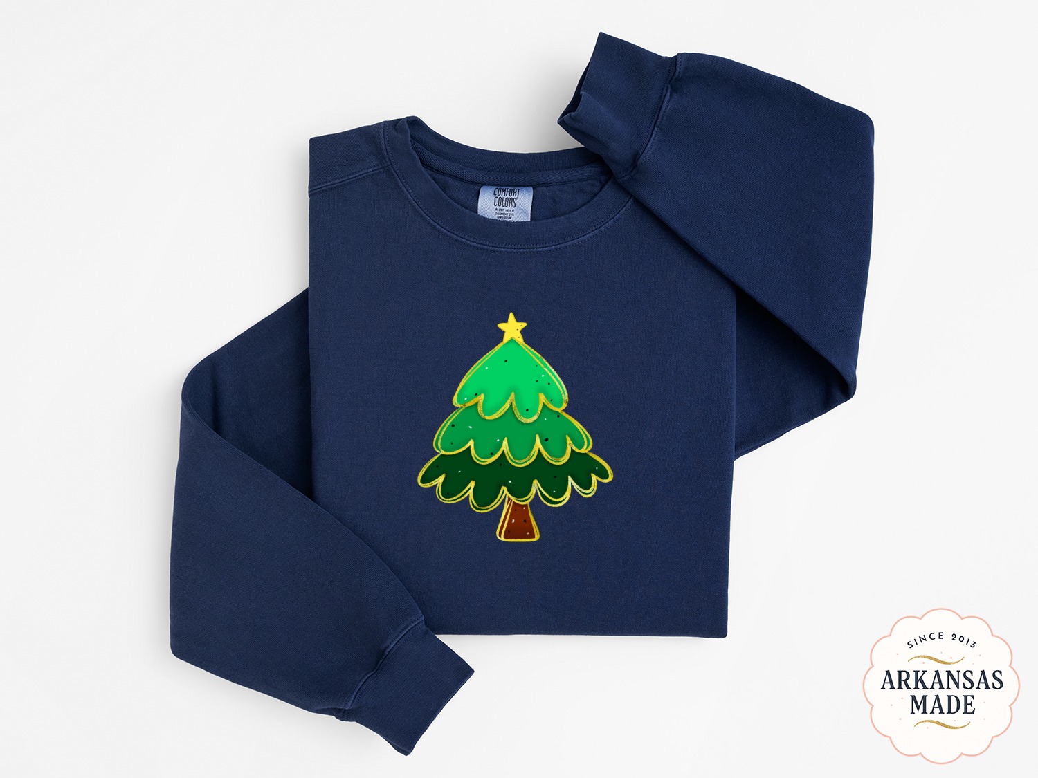 Cute Christmas Tree Sweatshirt, Holiday Season Apparel, Festive Winter Outfit, Golden Trim Tree, Holiday Sweatshirt