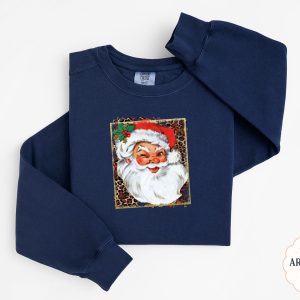 Winking Santa Sweatshirt, Leopard Print Christmas, Vintage Style Holiday Apparel, Festive Outfit, Funny Santa Face, Unique Christmas Gift
