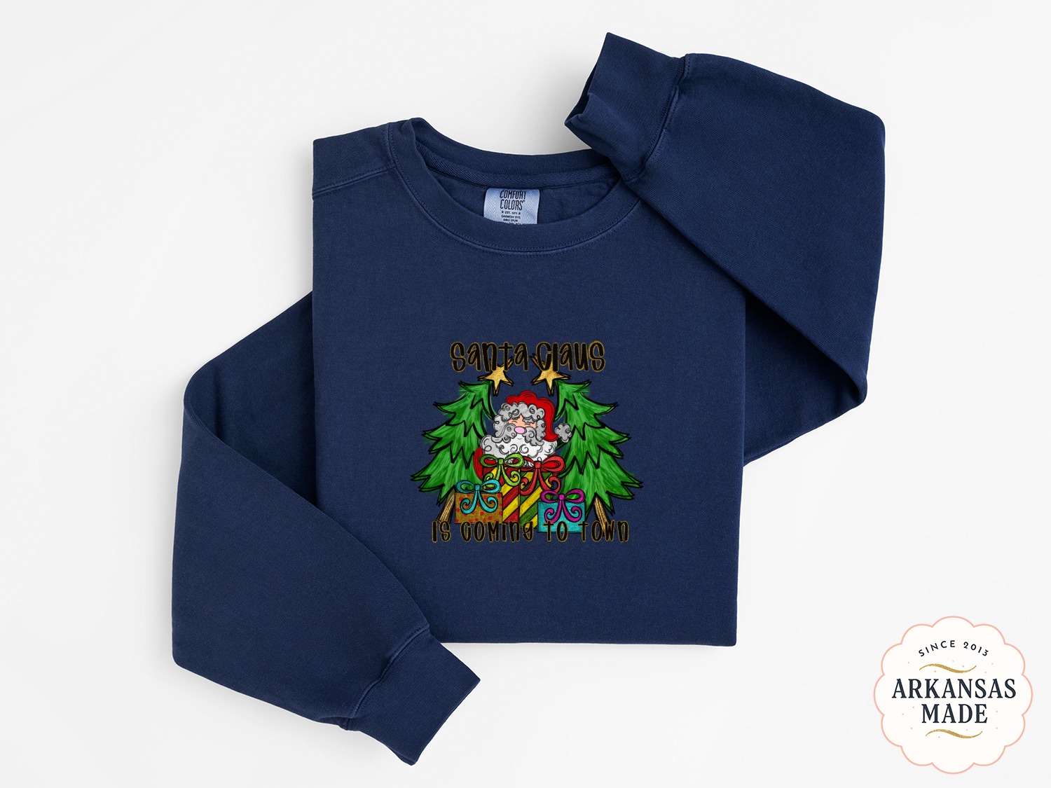 Santa Claus is Coming to Town Sweatshirt, Christmas Trees, Gift Boxes, Festive Cheer, Holiday Season Apparel