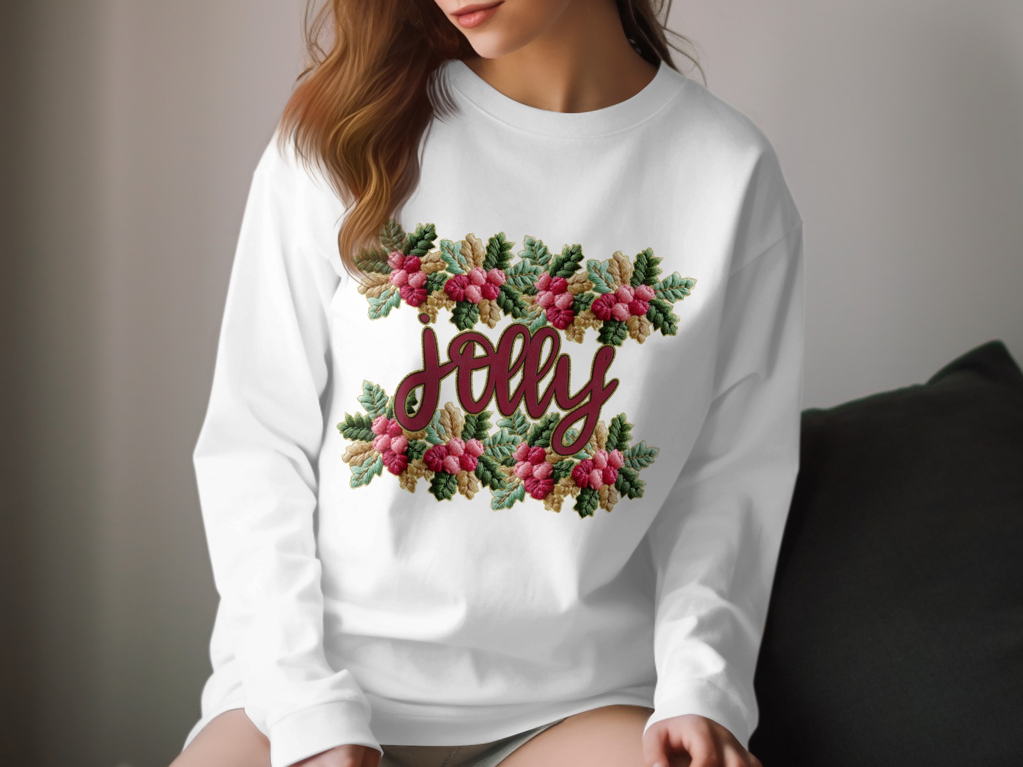 Jolly Long Sleeve T-Shirt, Floral Embroidery Long Sleeve Shirt, Holiday Long Sleeve Shirt, Embroidered Long Sleeve Tee, Unique Long Sleeve