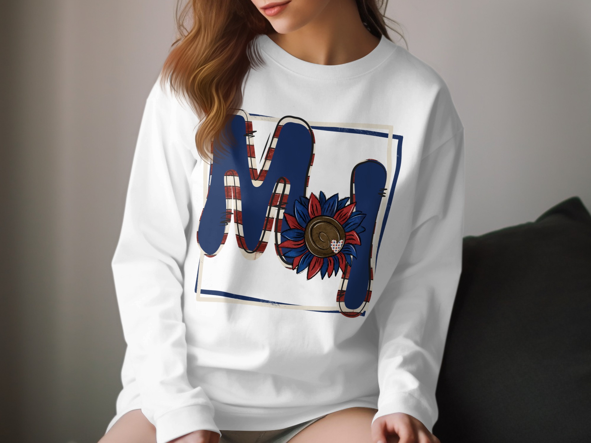 Patriotic Monogram Long Sleeve T-Shirt, American Flag Sunflower Shirt, Independence Day Tee, USA Pride, Custom Initial Shirt