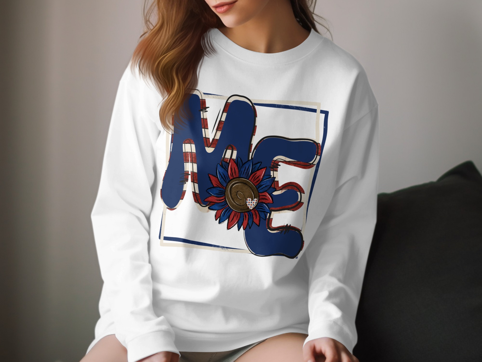 ME Sunflower Long Sleeve T-Shirt, Patriotic Letters Shirt, Red White Blue Shirt, USA Flower Top, July 4th Shirt, Gift For Her, Trendy Tee
