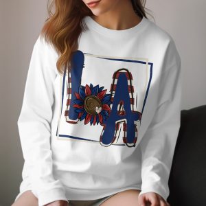 Patriotic LA Long Sleeve T-Shirt, USA Flag Sunflower Graphic Tee, Red White and Blue American Pride Shirt, July 4th Apparel