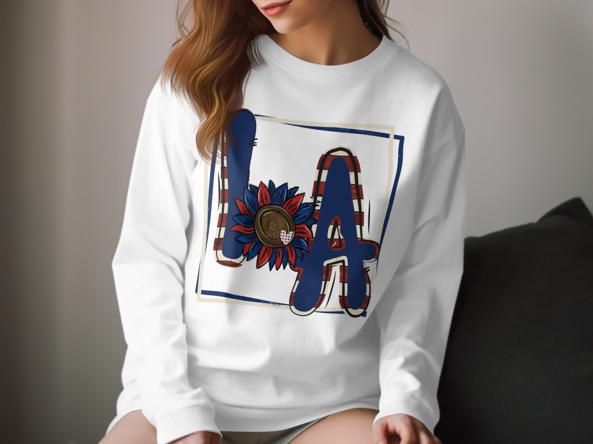 Patriotic LA Long Sleeve T-Shirt, USA Flag Sunflower Graphic Tee, Red White and Blue American Pride Shirt, July 4th Apparel