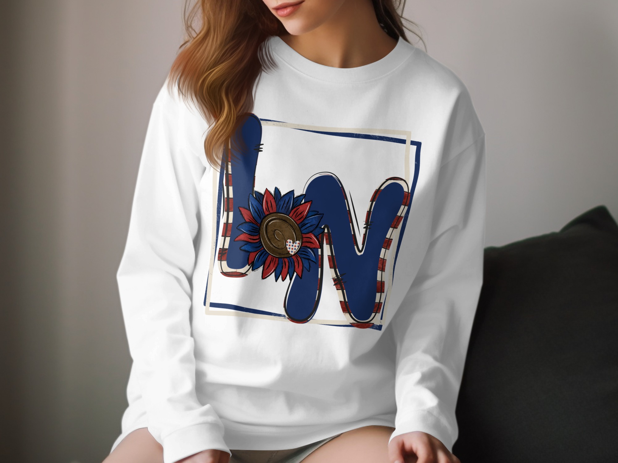 Patriotic Letter N Long Sleeve T-Shirt, USA Flag Sunflower, Initial Shirt, American Pride, Fourth of July Shirt, Gift Idea