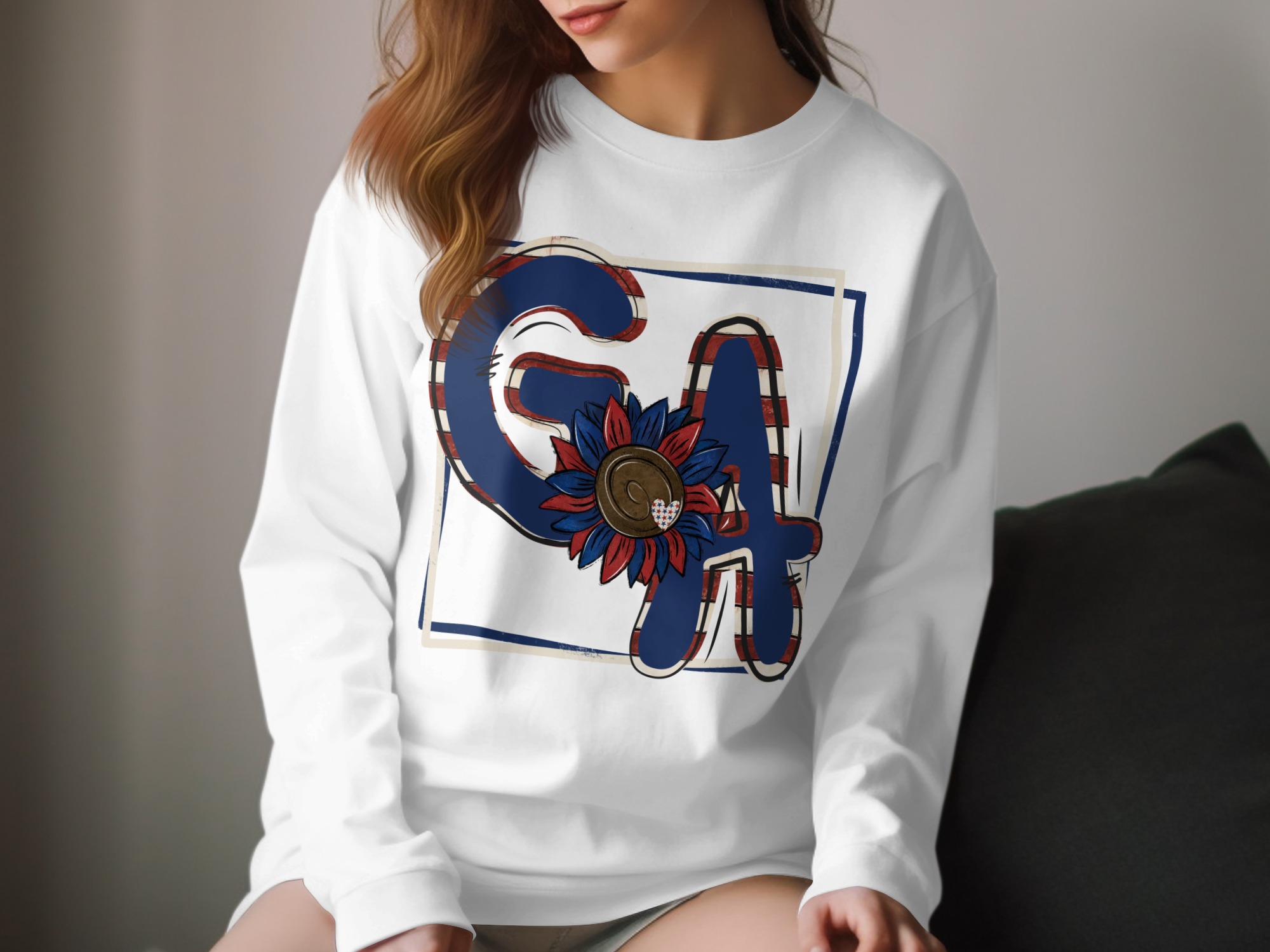 GA Sunflower Long Sleeve T-Shirt, Patriotic Letters Tee, USA Flag Floral Shirt, Summer Fashion Apparel, Gift for Her, Long Sleeve