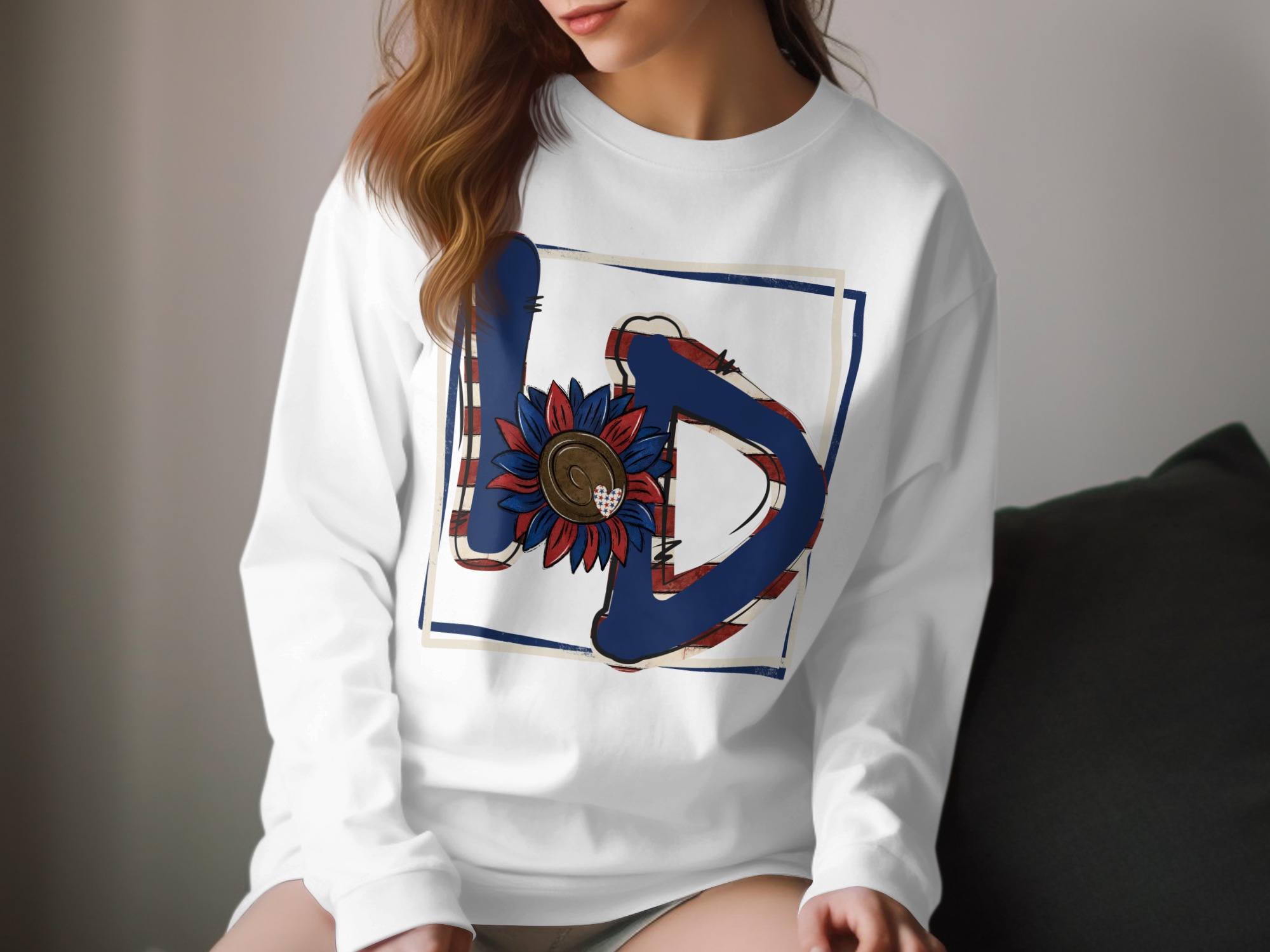 UD Patriotic Sunflower Long Sleeve T-Shirt, USA Flag Letters, American Pride Shirt, Floral Graphic Tee, Trendy USA Shirt, Gift Idea