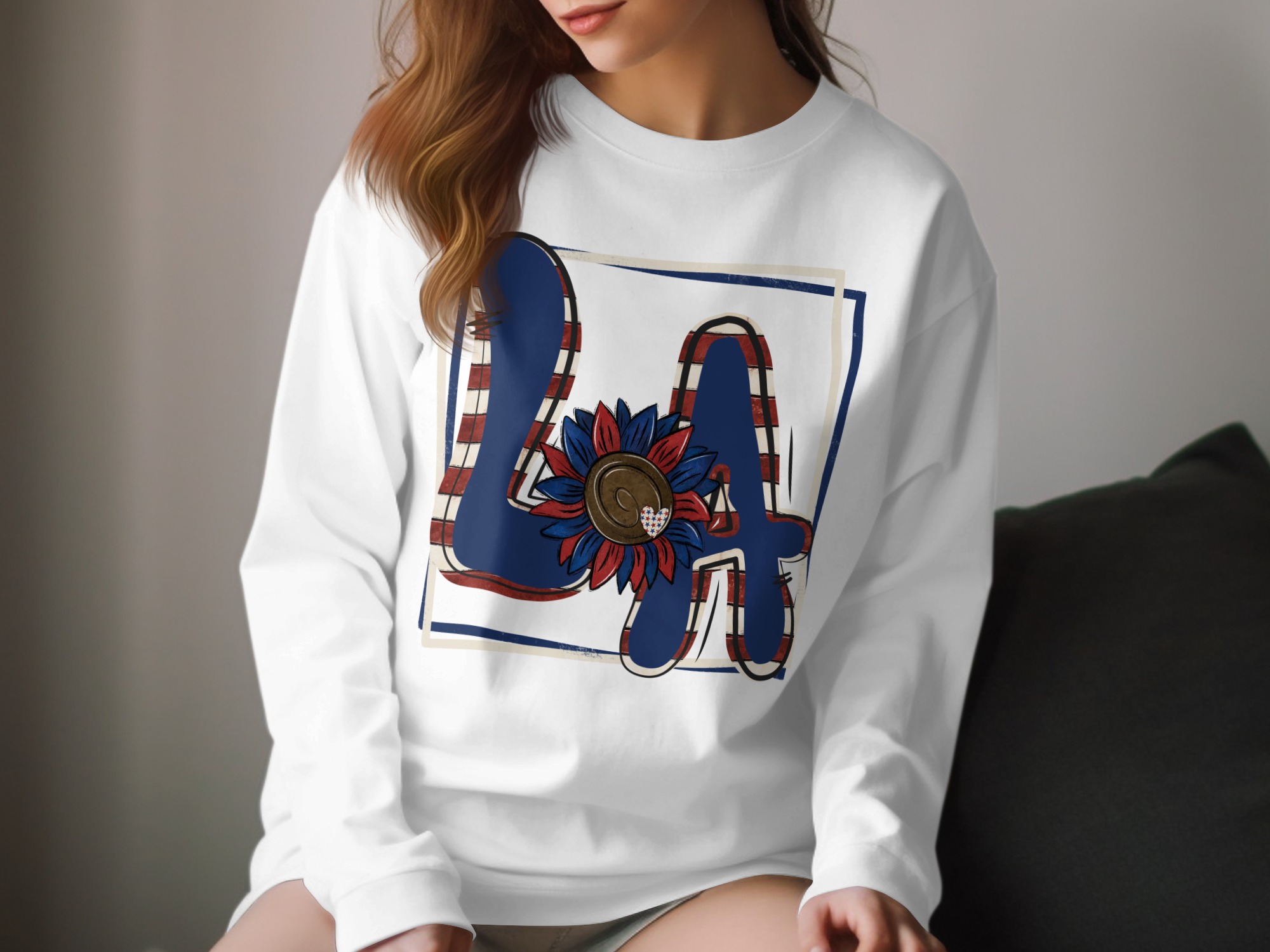 La Long Sleeve T-Shirt, Patriotic la, Sunflower la Shirt, usa la Design, Floral la, Red White Blue, American Pride Shirt, July 4th Shirt
