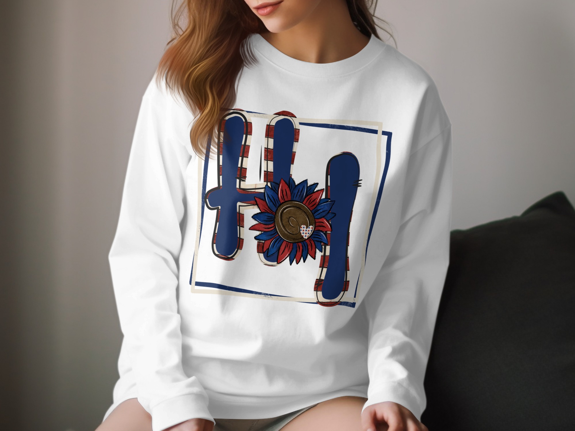 HI Sunflower Long Sleeve T-Shirt, Patriotic USA Graphic Tee, Red White Blue Country Shirt, Summer American Flag Shirt, Gift For Her