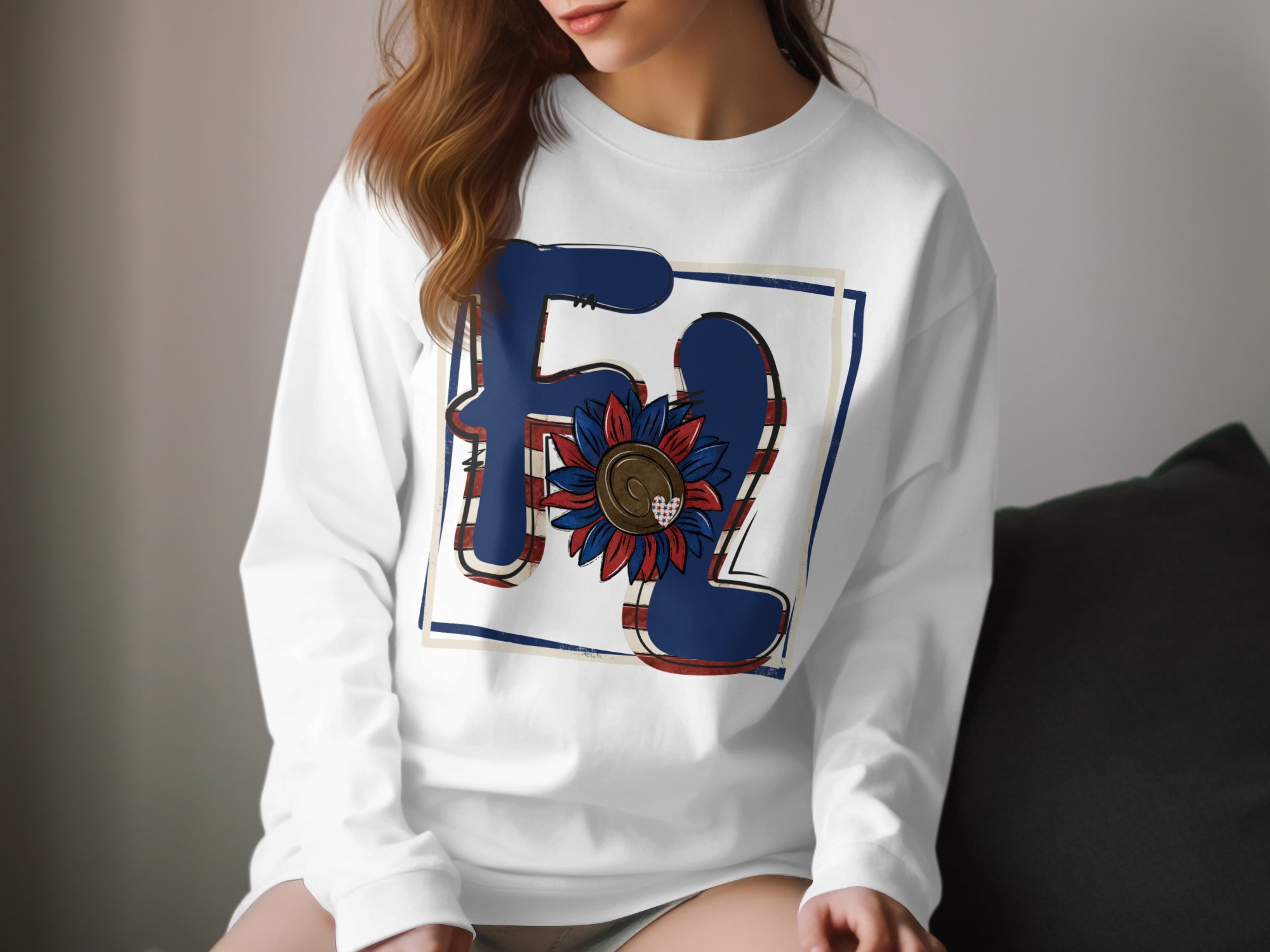 FL Long Sleeve T-Shirt, Patriotic Design, Sunflower Heart, USA Flag Colors, Initial TShirt, Trendy Shirt, Gift Idea, Family Matching