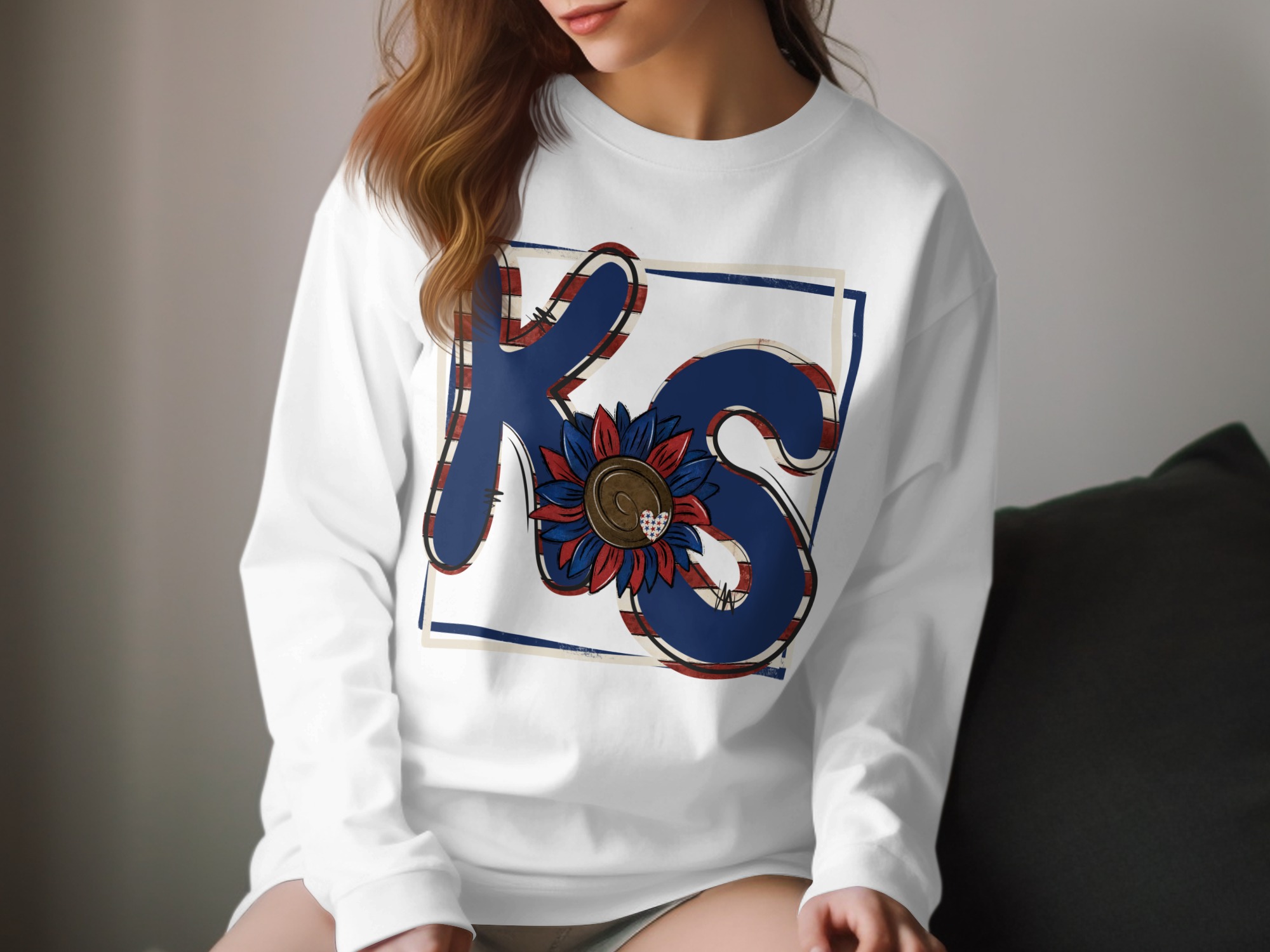 KS Sunflower Long Sleeve T-Shirt, Kansas Pride, Red White Blue, Patriotic Sunflower, State Pride Shirt, Gift for Kansan, USA Design