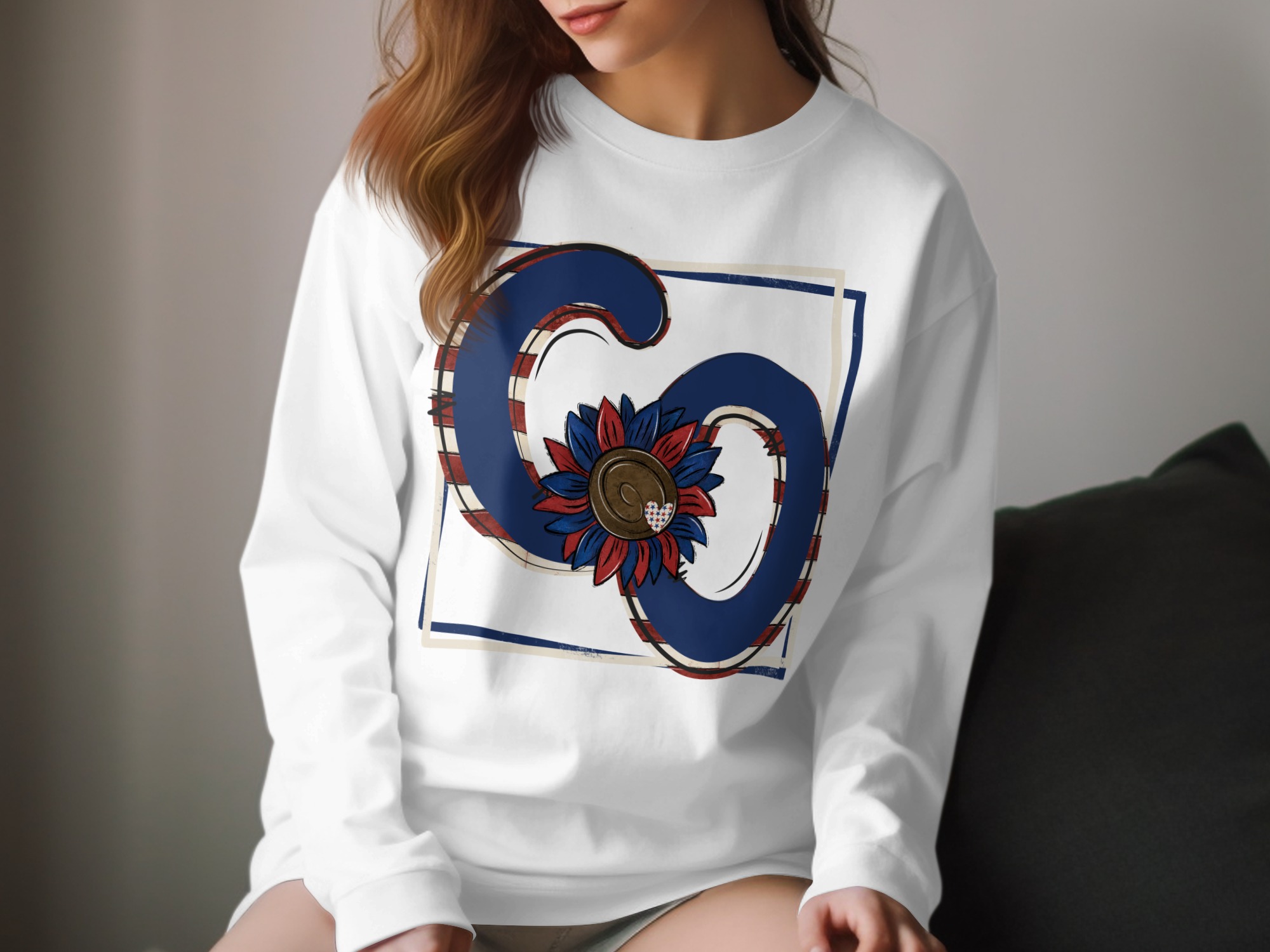 Patriotic Sunflower Long Sleeve T-Shirt, USA Flag Flower Graphic Tee, Red White and Blue Design, American Pride Apparel