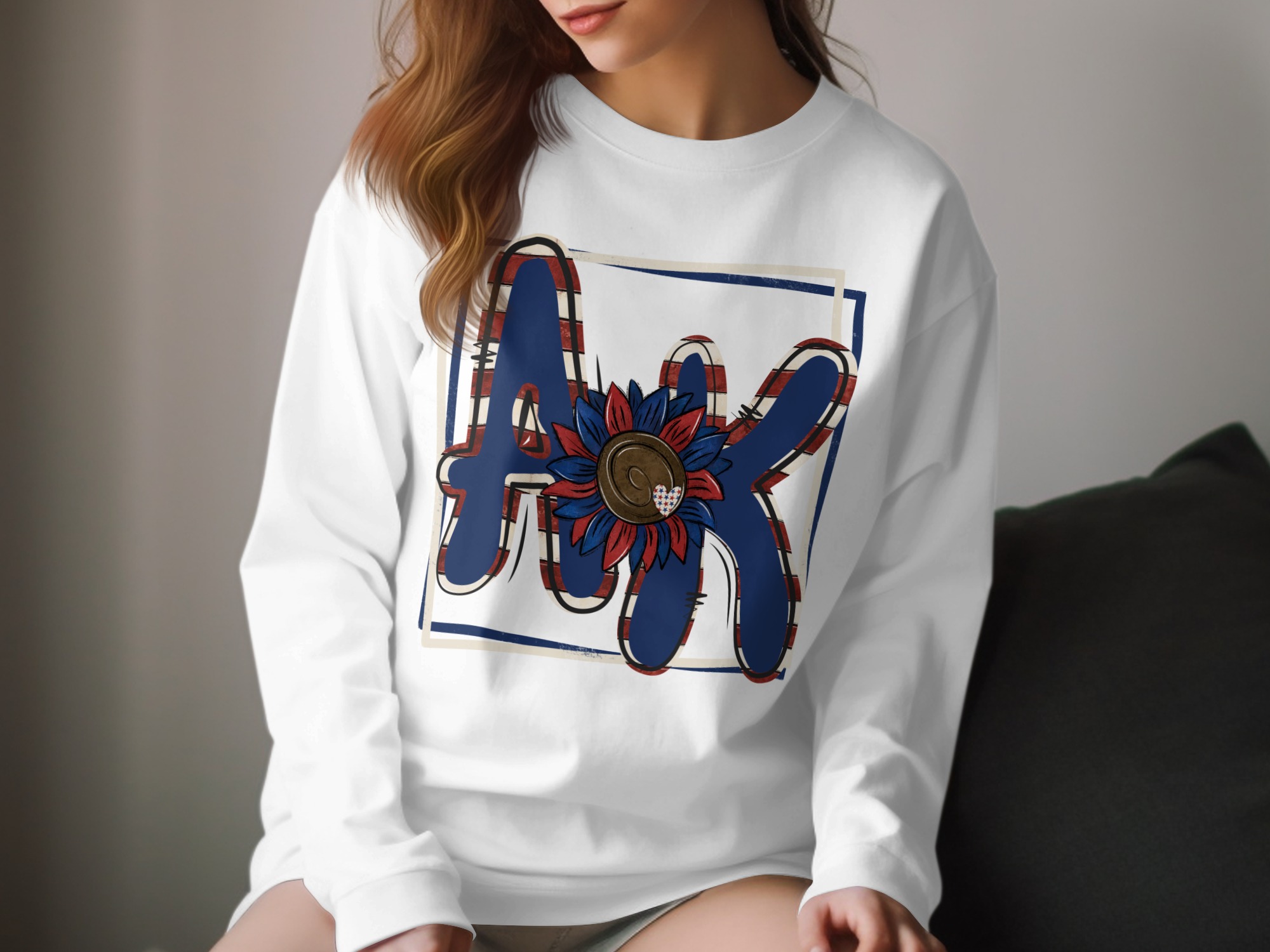 AK Monogram Long Sleeve T-Shirt, Patriotic Sunflower Tee, America Letters Initial Shirt, US Flag Floral Design, Gifts for Her, AK Shirt