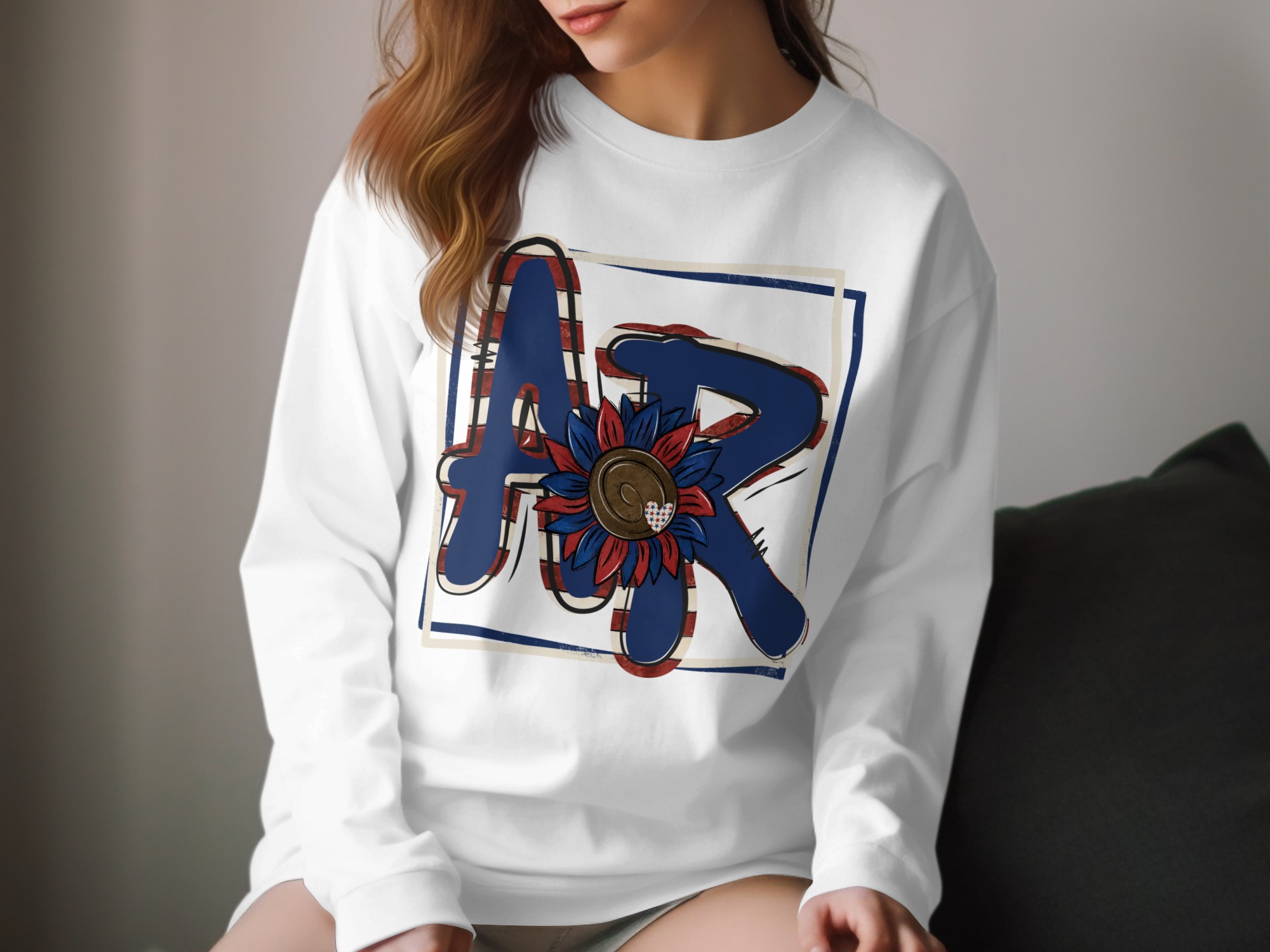 AR Monogram Sunflower Long Sleeve T-Shirt, Patriotic USA Design, Initial Shirt, Floral Monogram Tee, Arkansas Long Sleeve Shirt